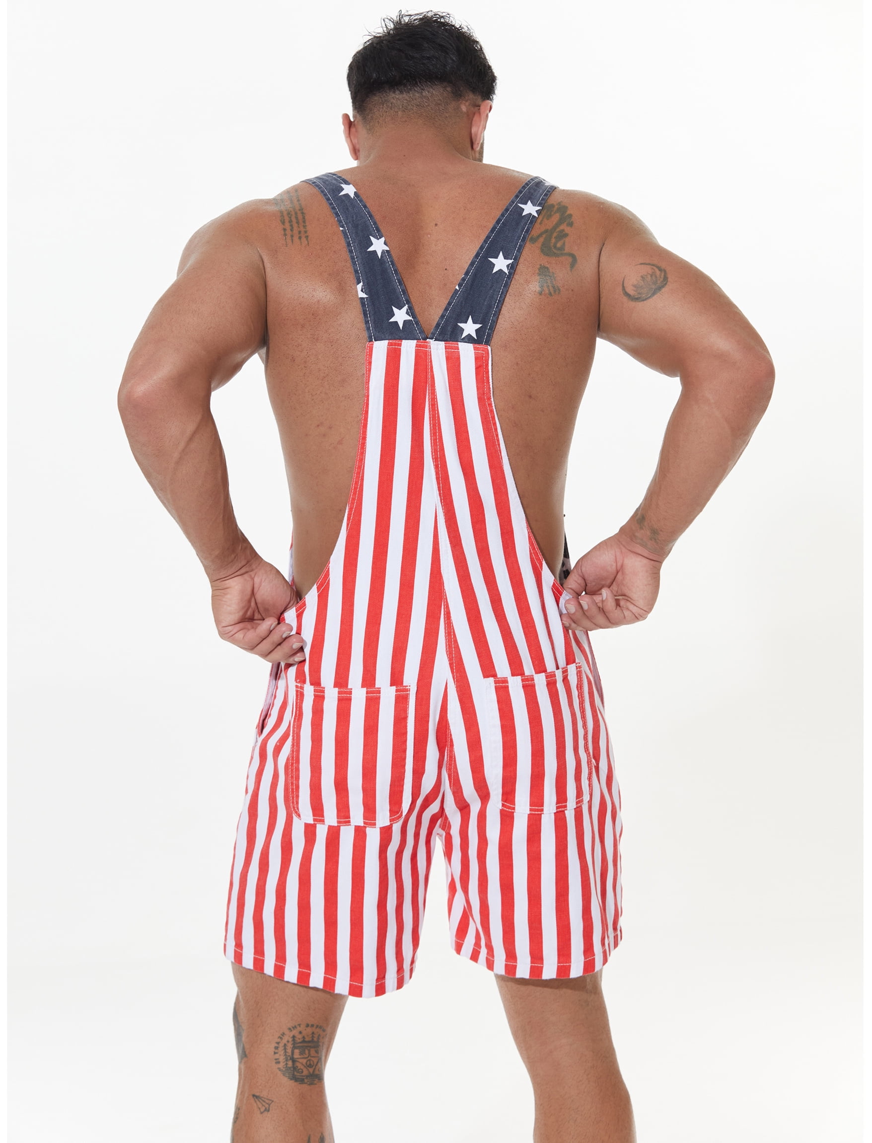 Yuanbang American Flag Denim Bib Overalls Shorts Patriotic Jumpsuit Romper for Men (Red White Blue, XL) gwvmk