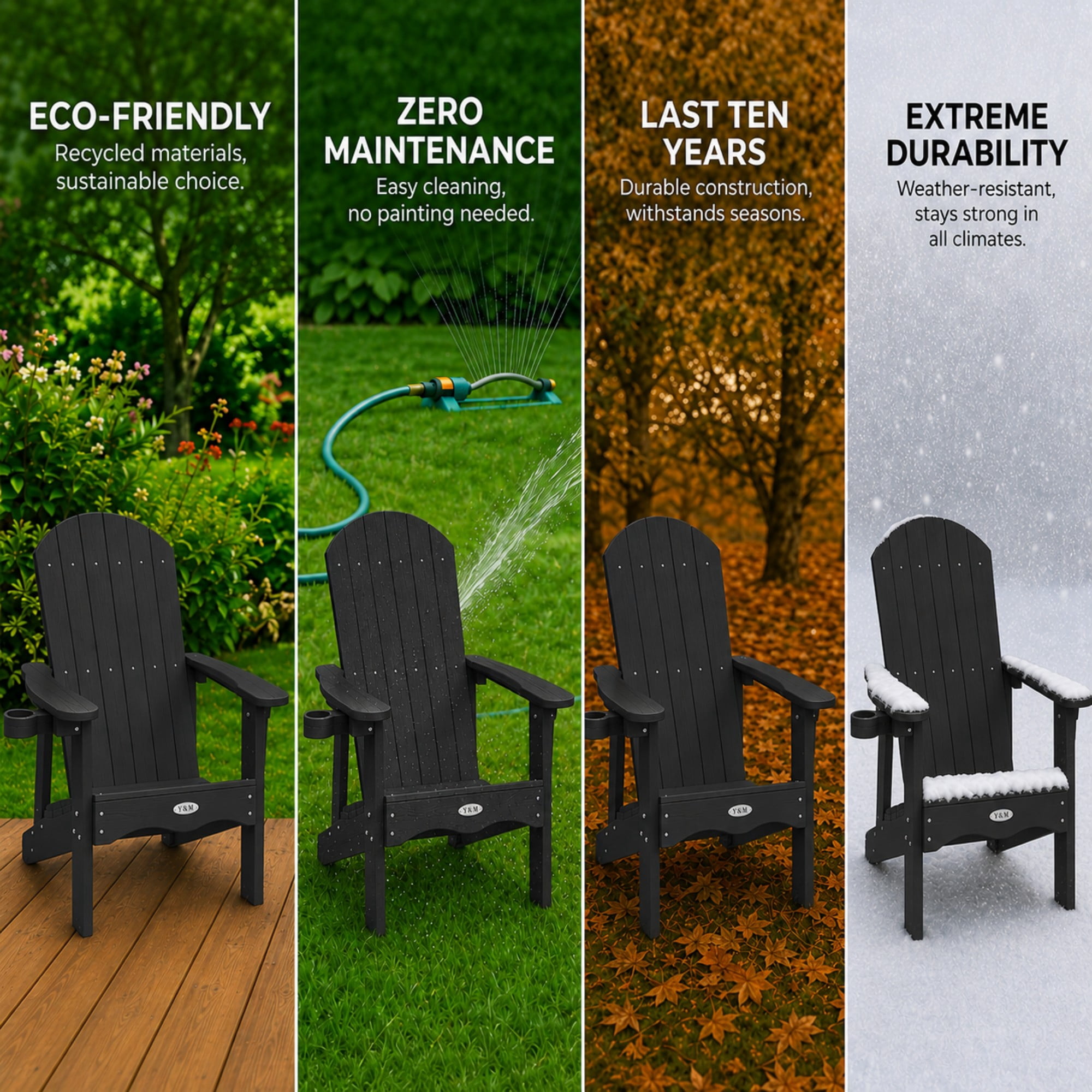 Y&M Adirondack Chair, Weather Resistant HDPE Outdoor Patio Seat with Rotating Cup Holder (Black, 1-Pack) ntebp