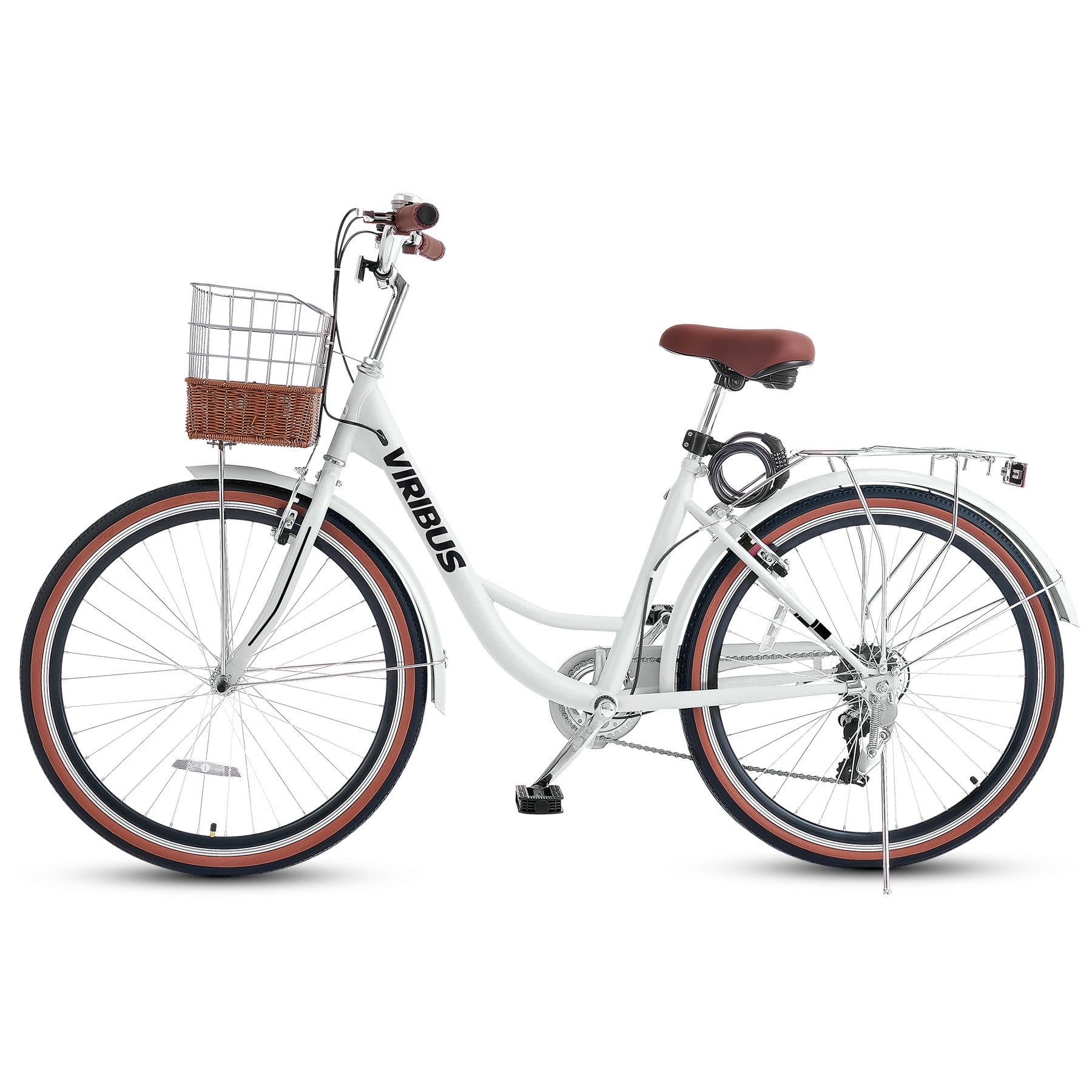 Viribus 24 in Women's Cruiser Bike, 7-Speed Beach and City Bicycle with Basket and Rack (White) 3vvao