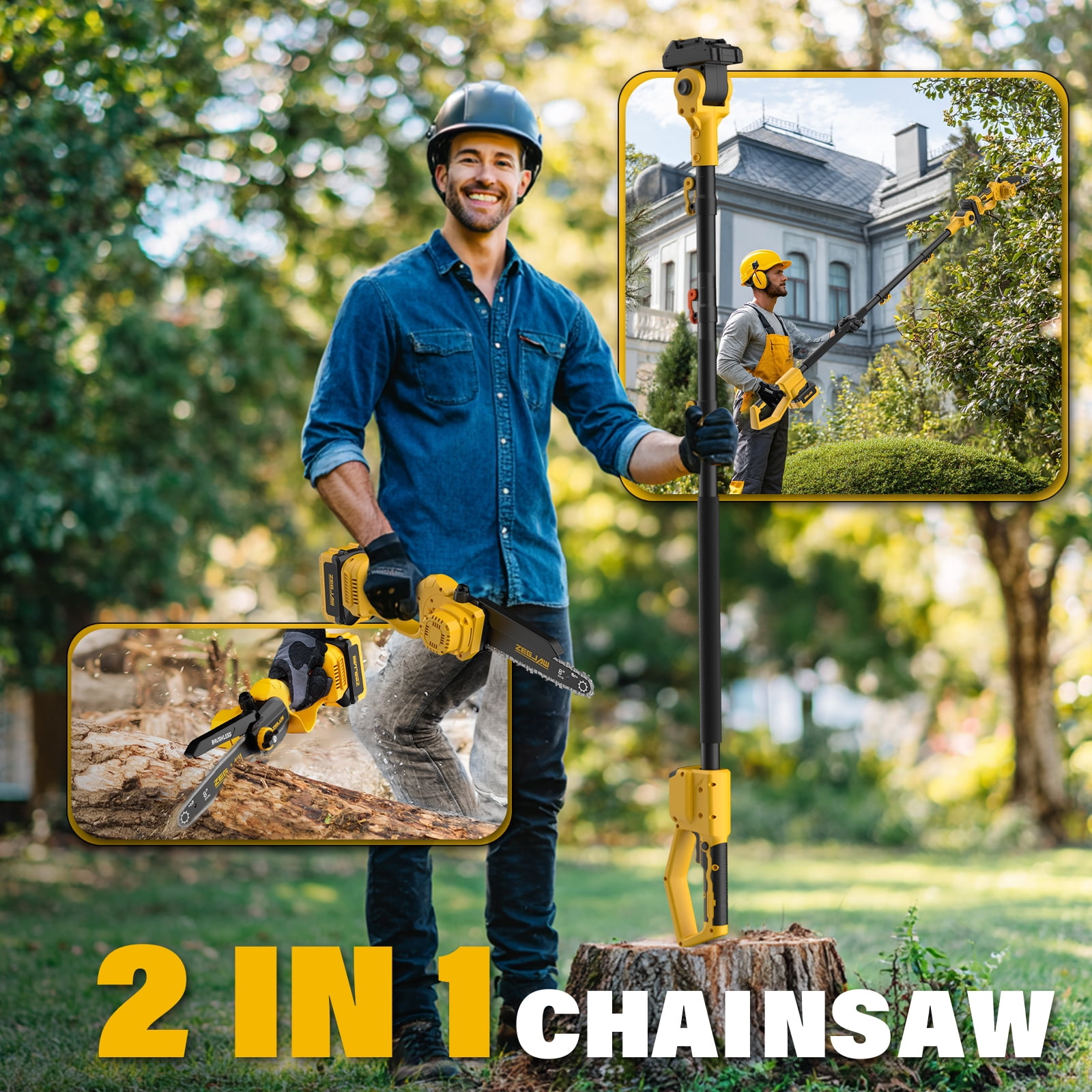 ZEGJAW 2-in-1 Cordless Pole Saw and Mini Chainsaw, 21V 8-Inch Electric Tree Trimmer with Telescopic Pole (14 ft Reach, 2 Batteries Included) skkzh