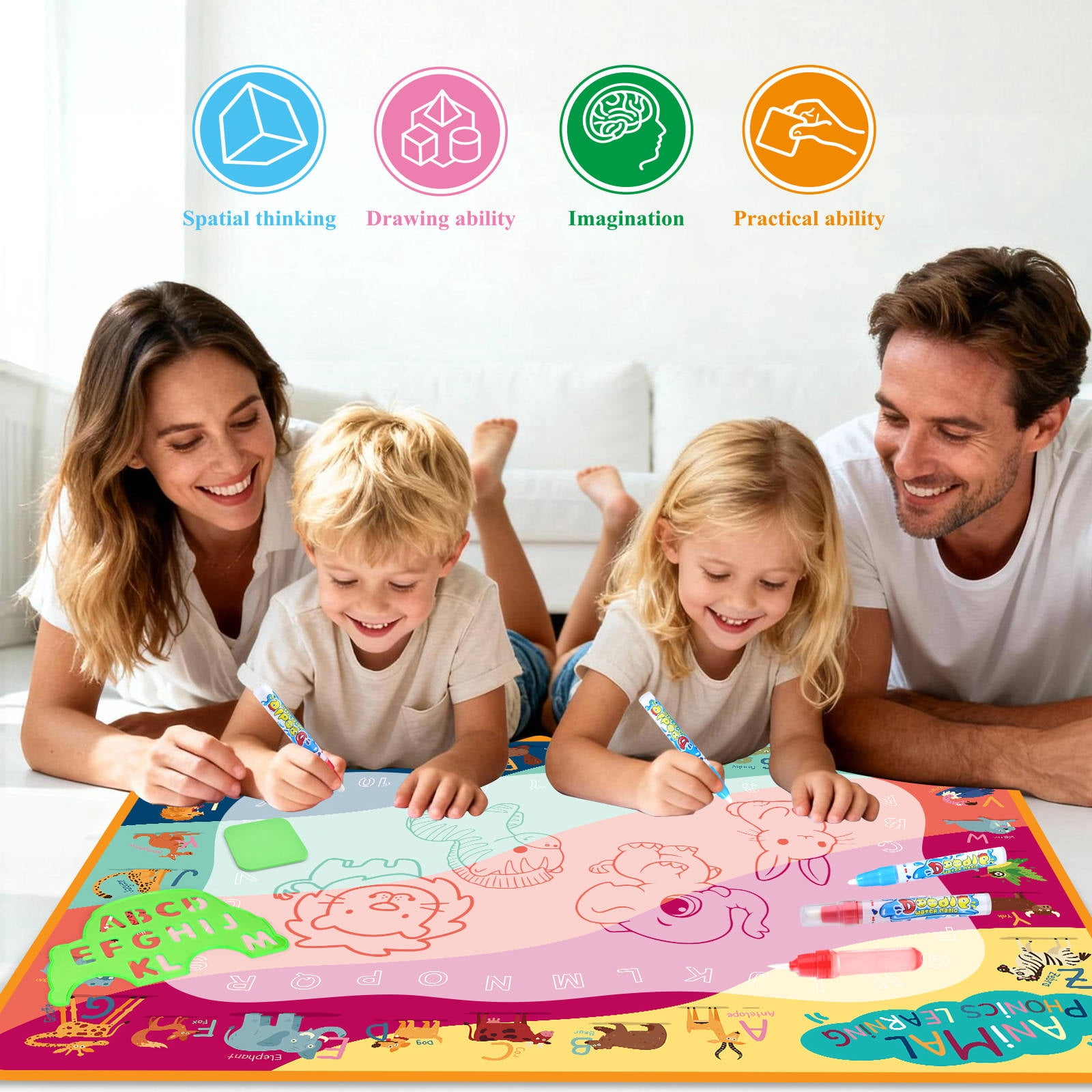WLBES Water Doodle Mat, Reusable Mess-Free Aqua Drawing Pad for Toddlers (Multicolor, 30 in x 30 in) 2u7dm