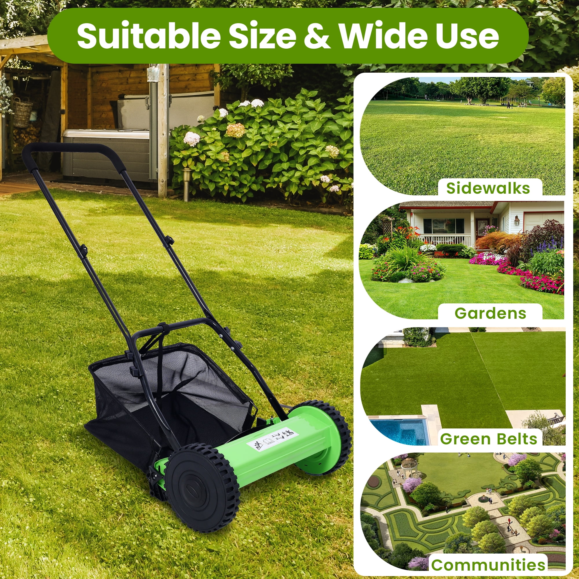 Seizeen 14-Inch Manual Reel Lawn Mower with Grass Catcher (5-Blade, Adjustable Height 0.6-1.8 in, Green) kbz66