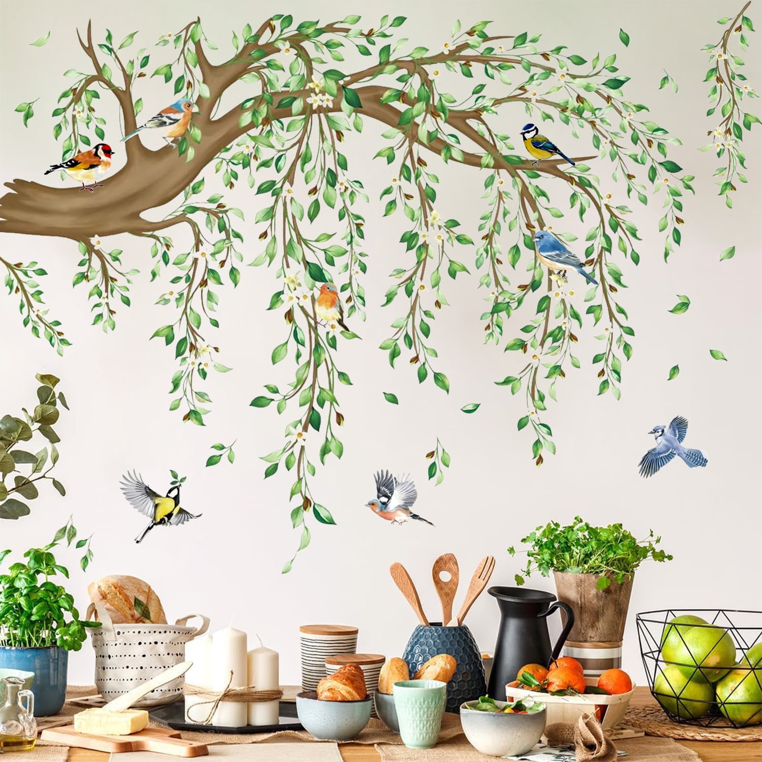 Style-Carry Hanging Vine Wall Decals, Tree Branch Green Leaf Flower Bird Stickers for Living Room Bedroom Decor (Green, 4 Sheets, 11.8 in x 35.4 in) 18n8g