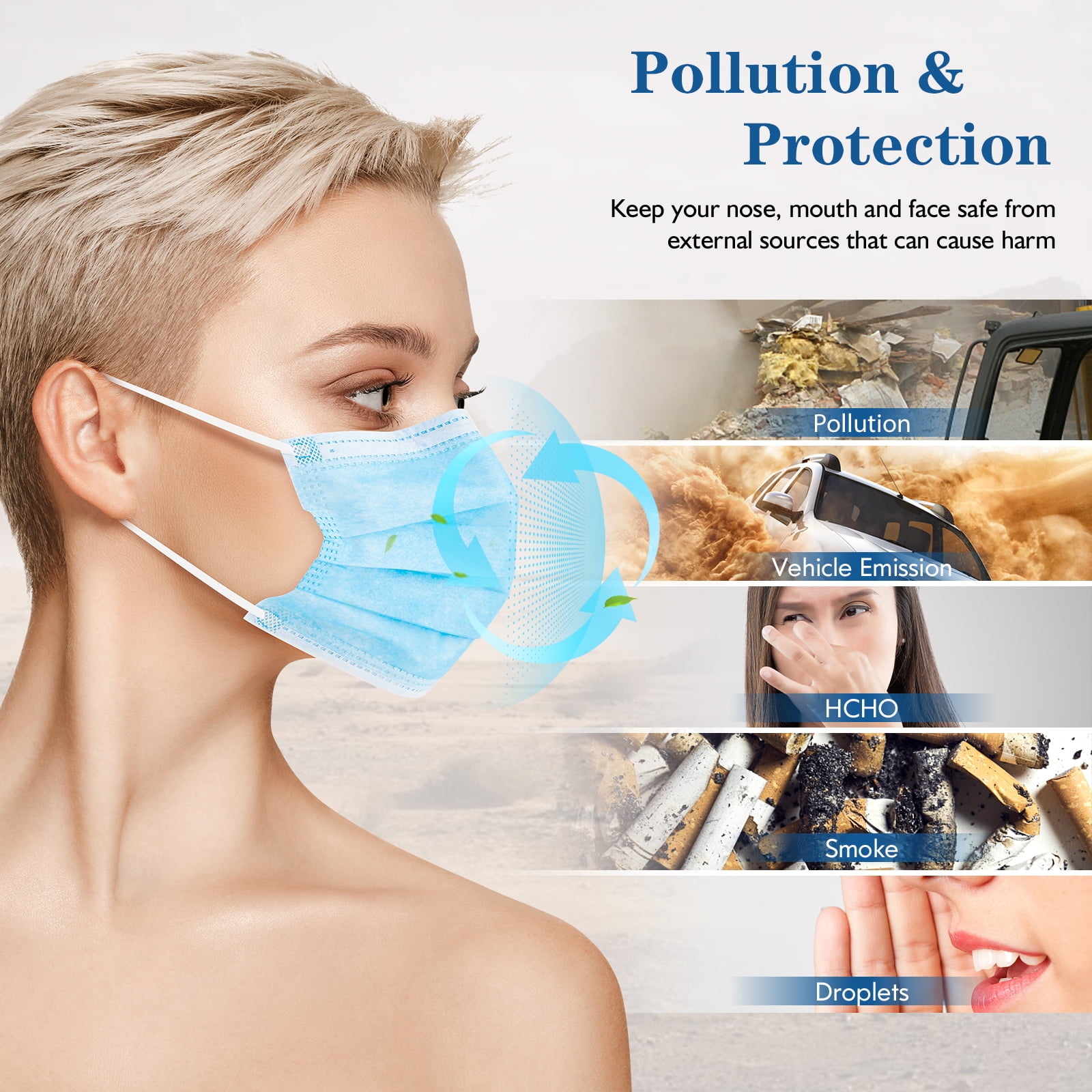 HDFK Disposable 3-Ply Face Mask with Adjustable Nose Clip and Elastic Ear Loops (Blue, 100 Pack) wx3jh