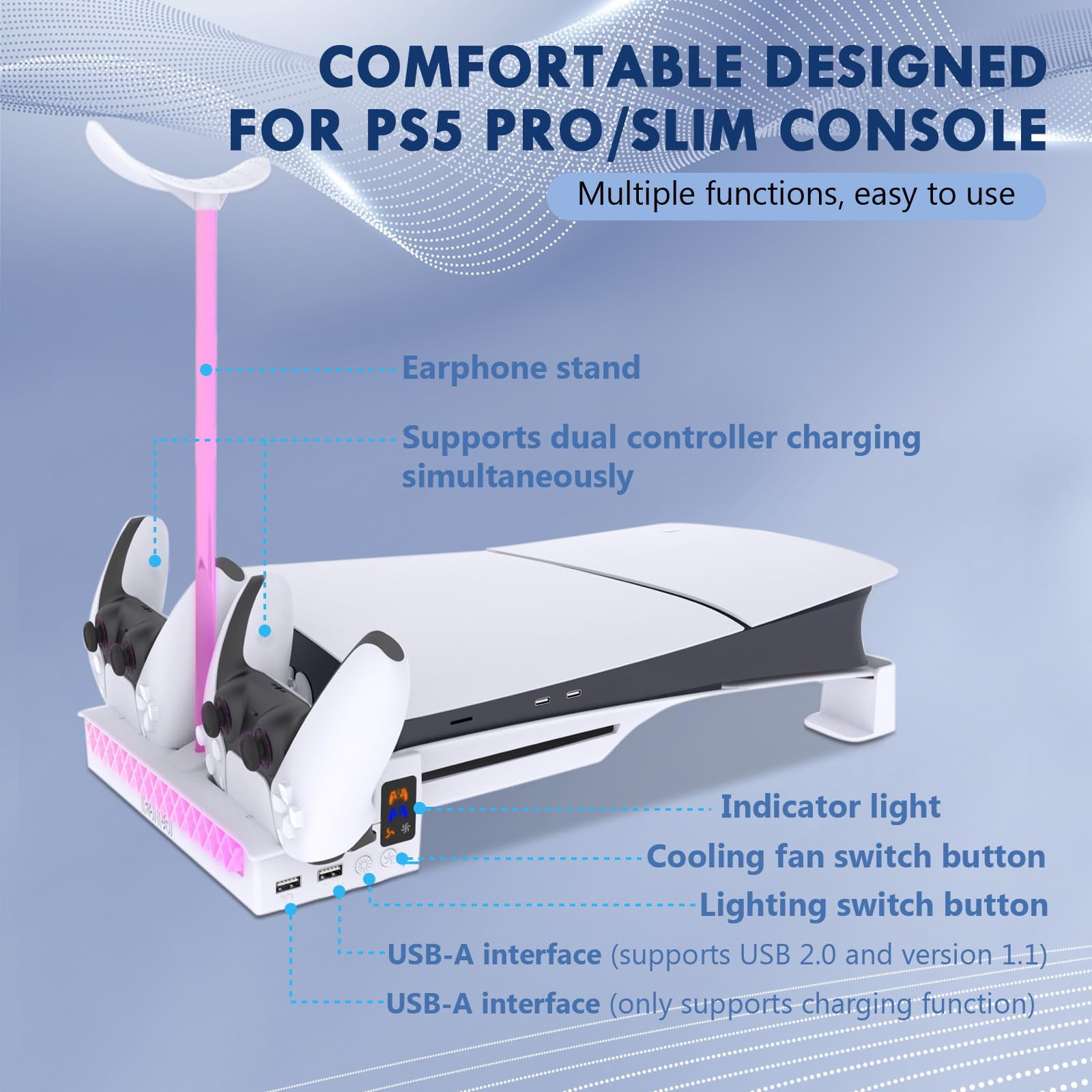 JZW-Shop PS5 Cooling Stand with Dual Controller Charger and Headset Holder (White, 1 Unit) wpcwy