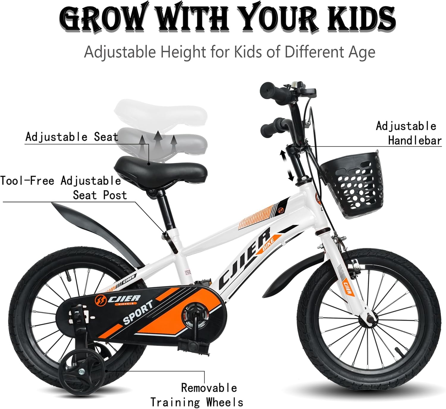 NEORIVER Kids Bicycle with Training Wheels, Adjustable Height Steel Frame (White, 14 in) d9ycm