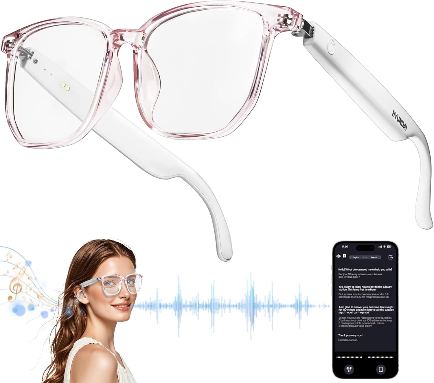 MUSICOZY AI Translator Smart Glasses, Bluetooth Audio Glasses with Real-Time 110+ Language Translation & Polarized Lenses (White, One Size) ou5xz