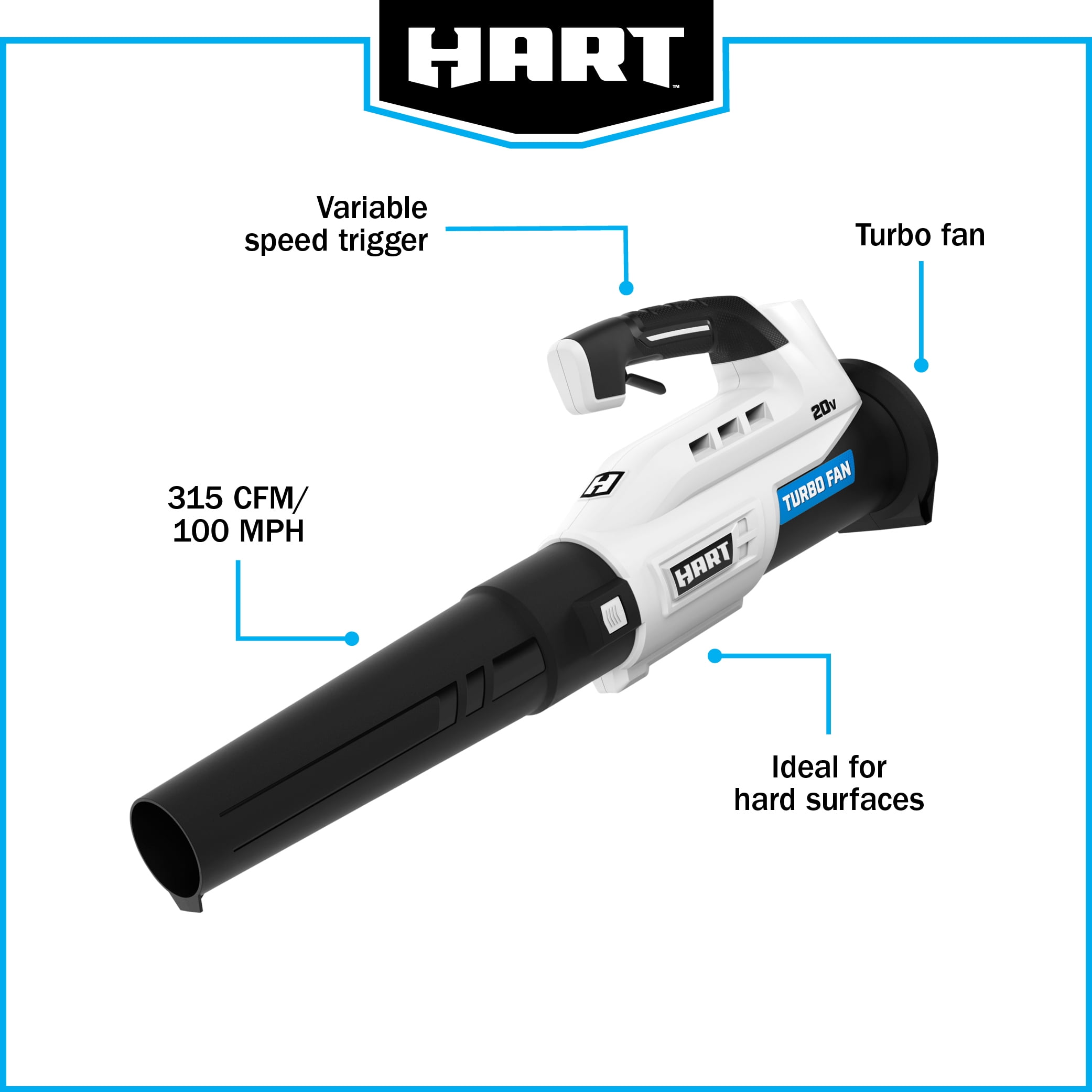 HART 20V Cordless Turbo Fan Leaf Blower (4.0Ah Lithium-Ion Battery, 1 Pack) 5l2st