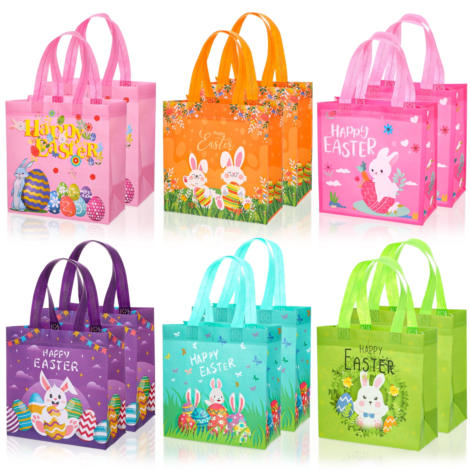 sixwipe Easter Gift Bags with Handles, Reusable Non-Woven Tote Bags for Egg Hunts and Party Favors (Blue, 12 Pack, 8.6x4.3x9 in) 7bxvg