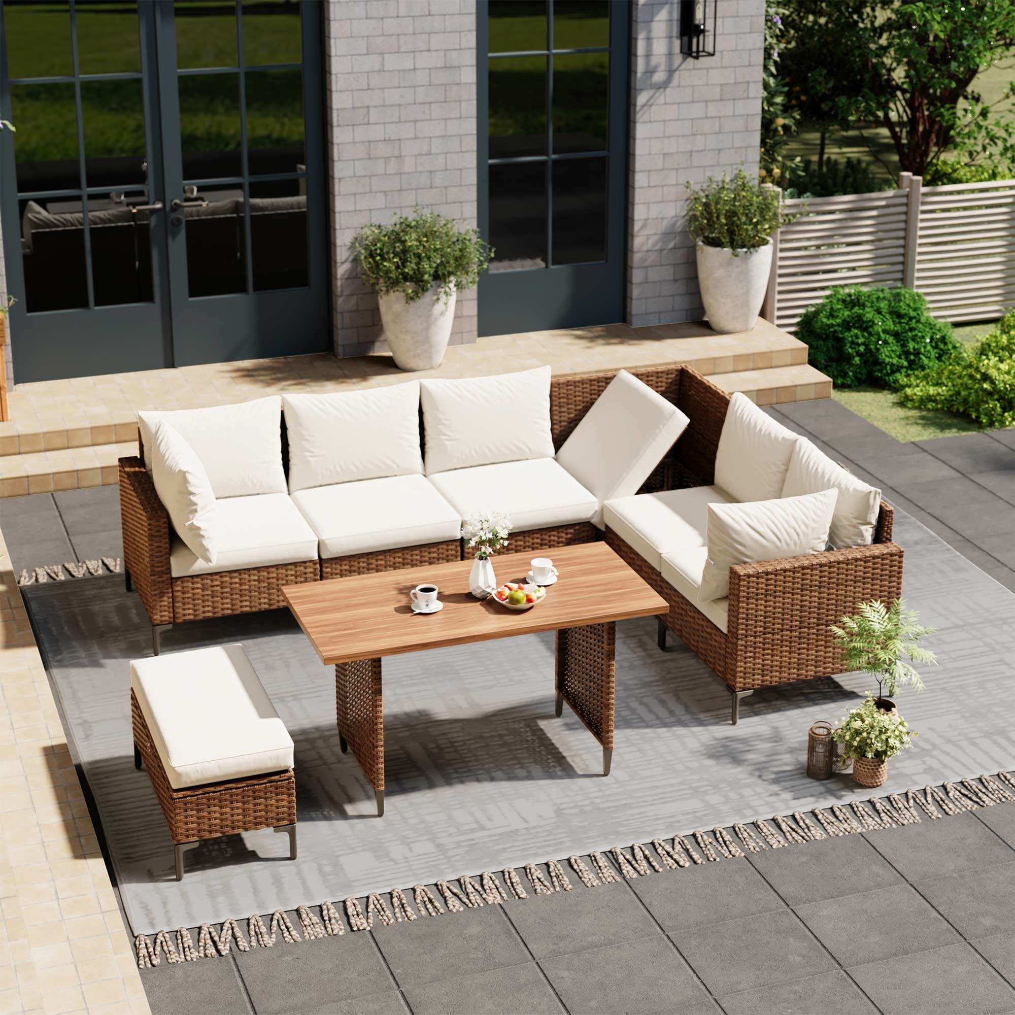 Lausaint Home 8-Piece Patio Furniture Set, Outdoor Wicker Conversation Set with Adjustable Backrest and Storage Ottoman (Beige, 8-Piece) ba36w