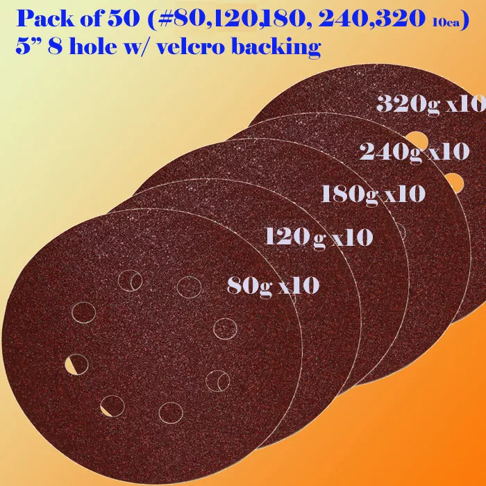 Knack 5-Inch 8-Hole Sanding Discs Assorted Grit Hook and Loop Sandpaper Set (50 Pack) cnxfk