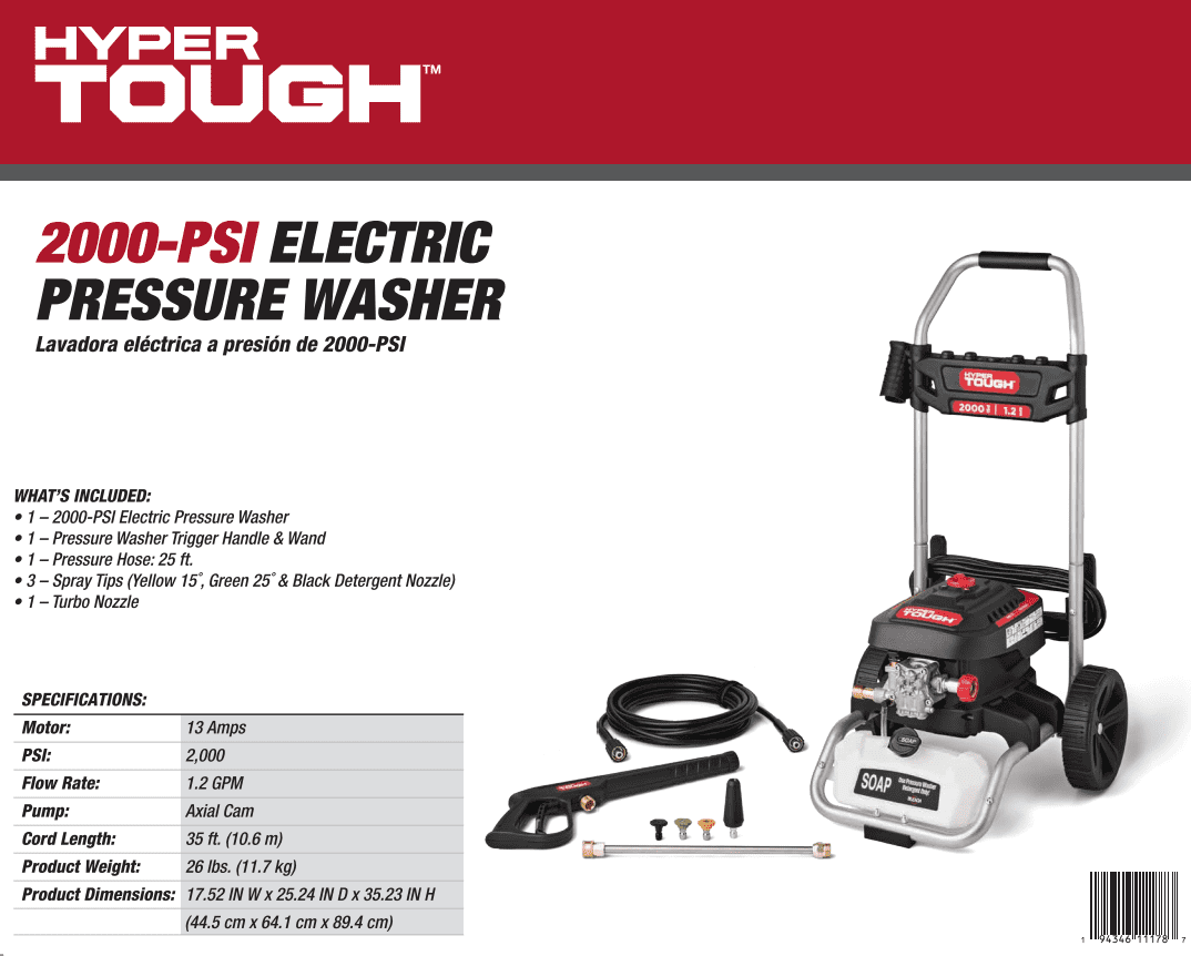 Hyper Tough Electric Pressure Washer, 2000 PSI at 1.2 GPM, Cold Water Cleaning System (120 V) h732n