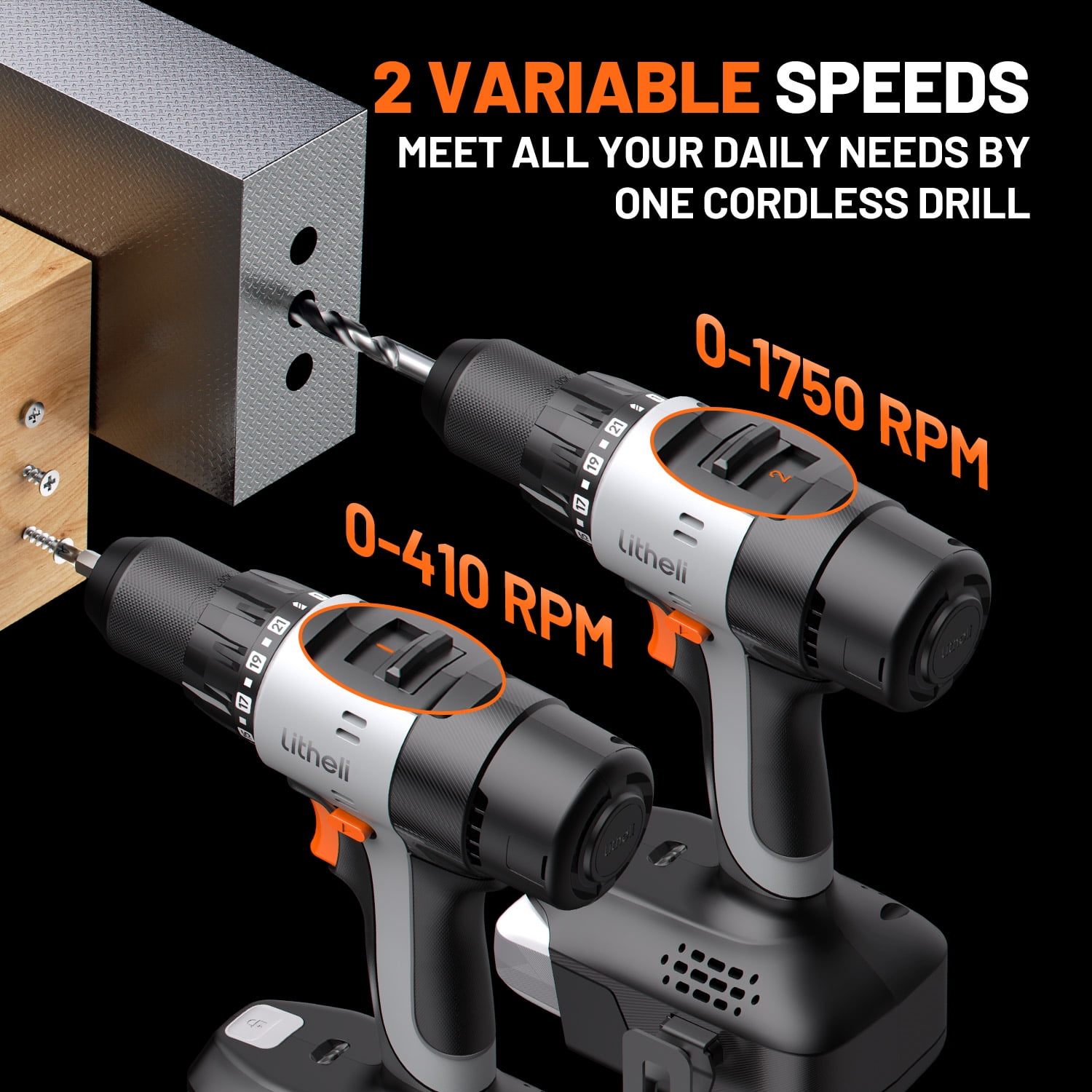Litheli 20V Cordless Drill Driver (1/2 in Chuck, 2.0Ah Battery, 442 in-lb Torque) 3wpql