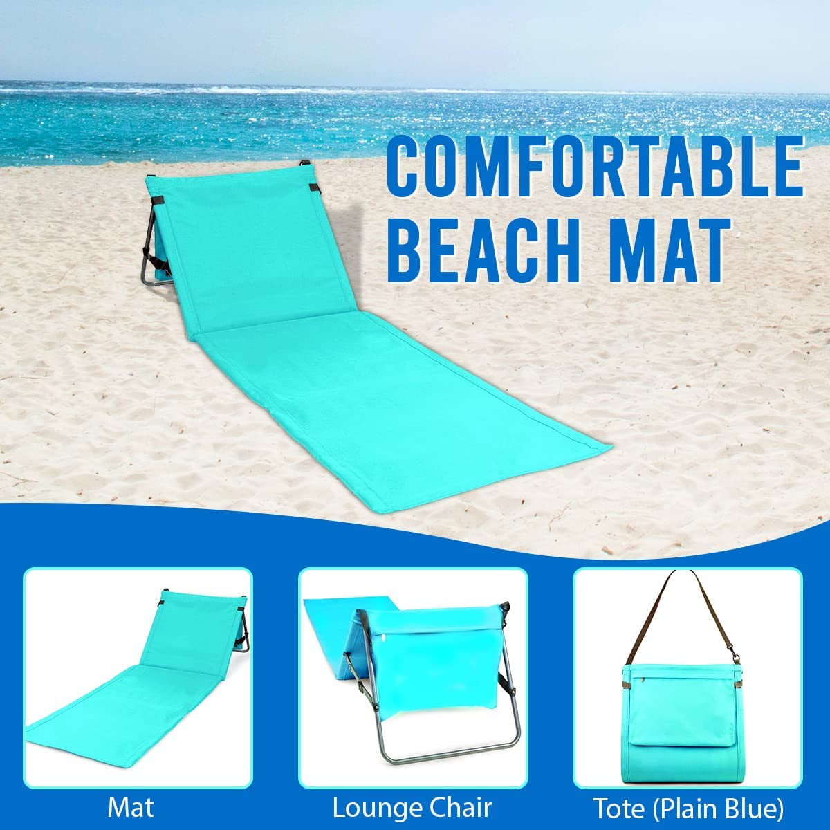 Bo-Toys Portable Beach Mat Padded Lounge Chair with Attached Tote (Blue, 21.25 in x 63.5 in) pw5hw