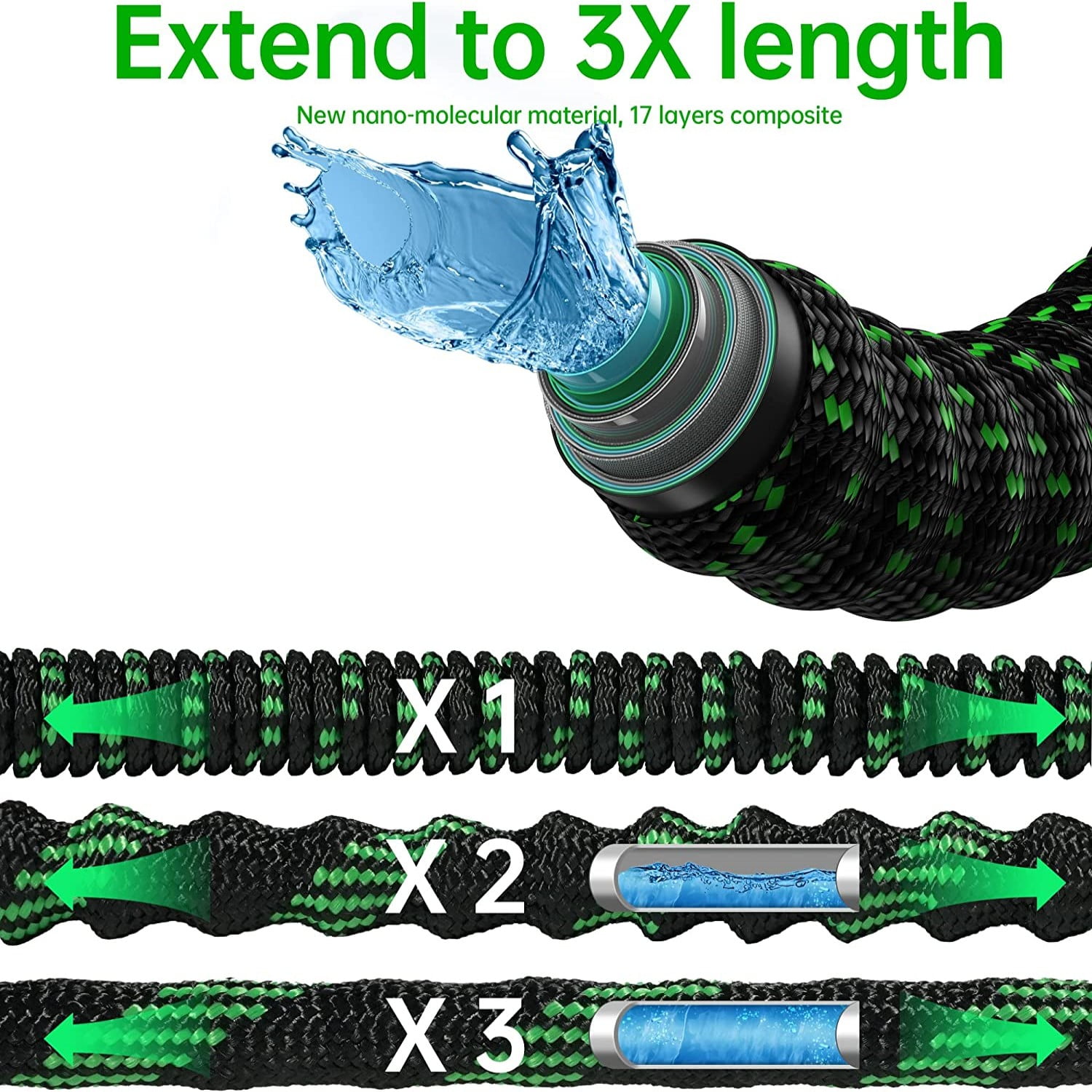 LarmTek Expandable Garden Hose with 10-Pattern Spray Nozzle and Brass Connectors (Green, 100 ft) ot1ce