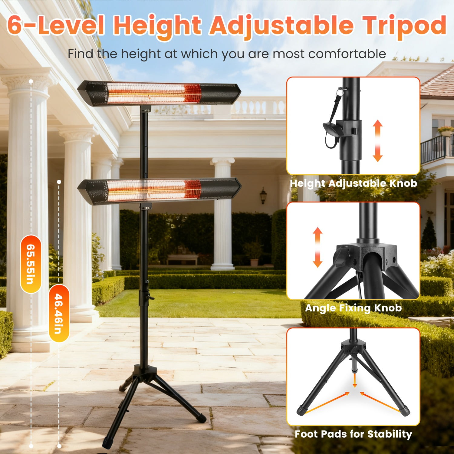 Imountek 1500W Infrared Electric Patio Heater with Adjustable Tripod Stand and Wall Mount (Black, 65.55 in) lnm4y