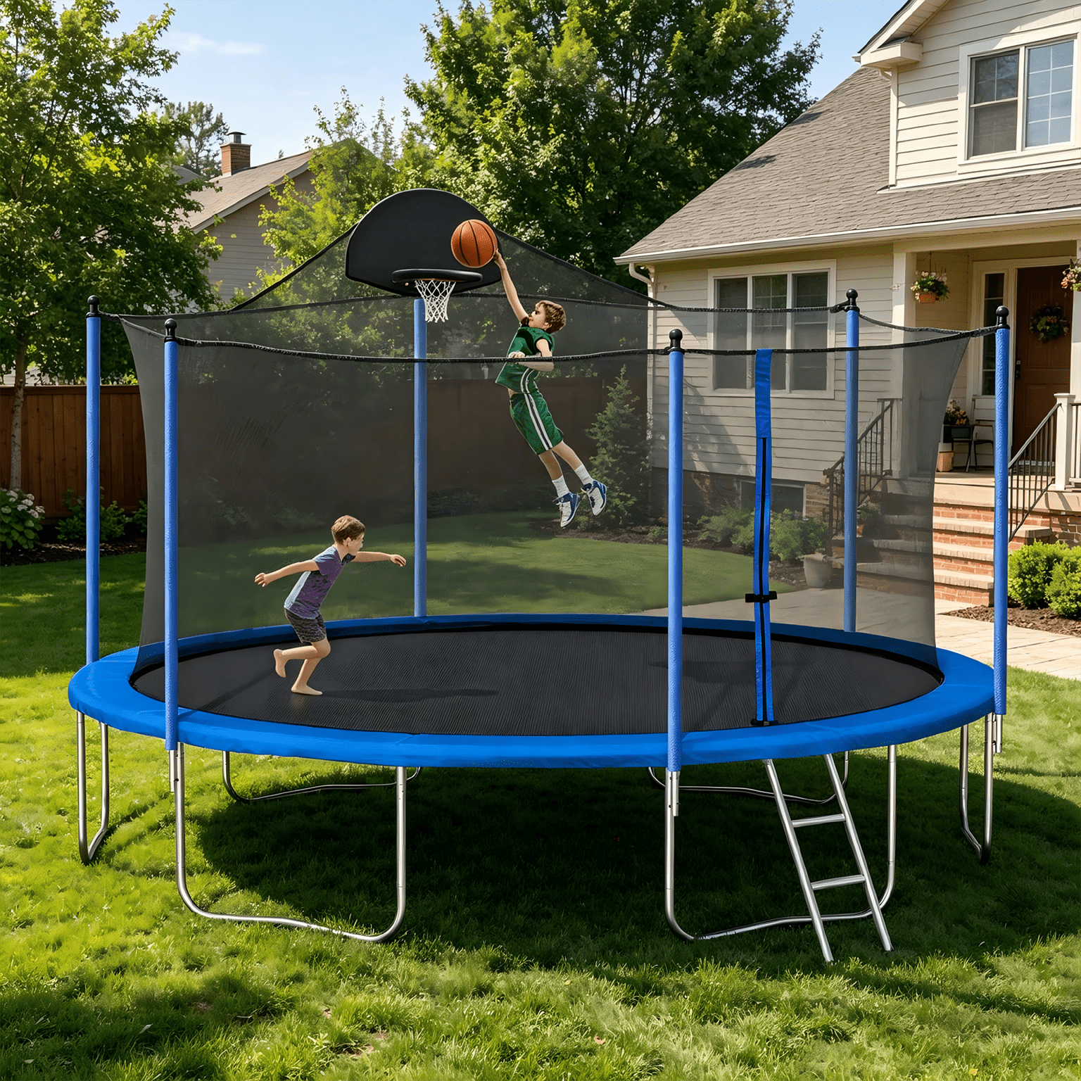 Leumius 14FT Trampoline with Basketball Hoop and Safety Enclosure (Blue, 14 ft) cwspq