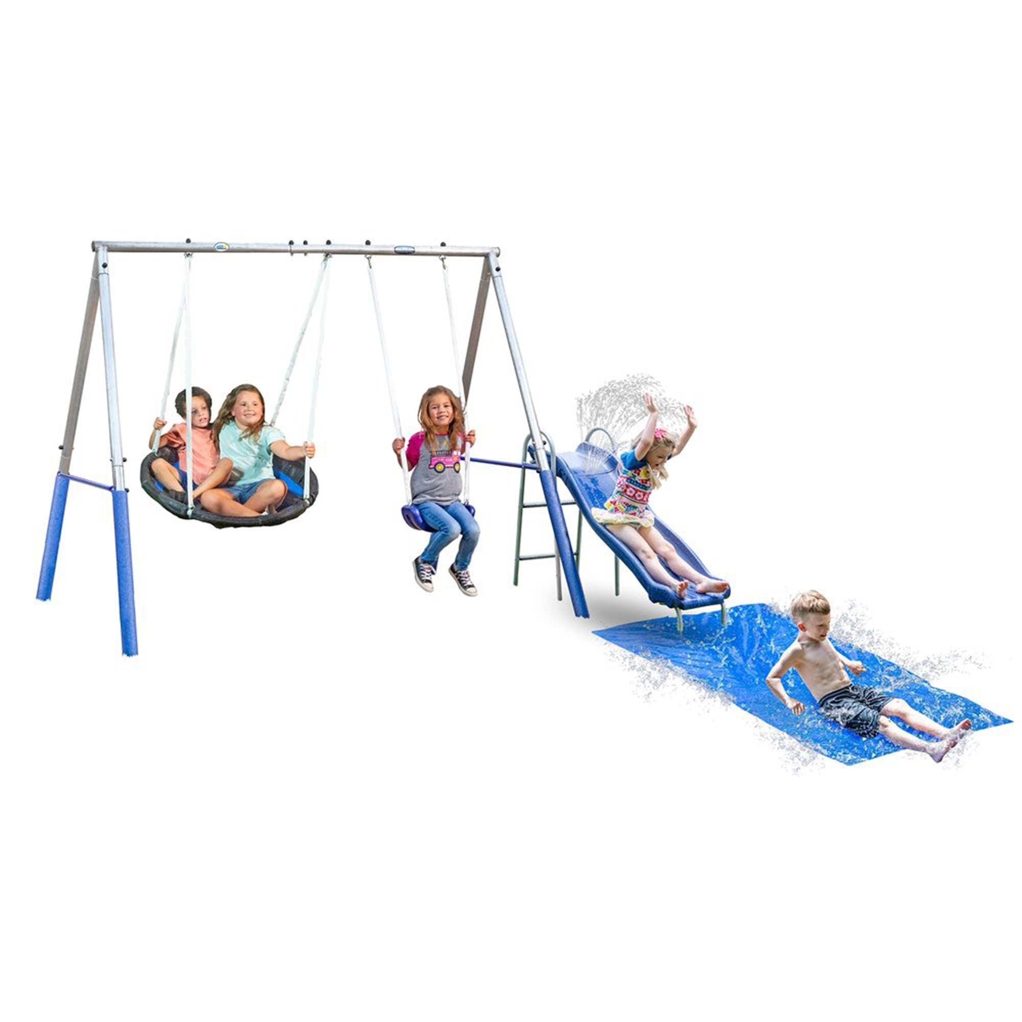 XDP Recreation Outdoor Swing Set with Wave Water Slide and Disc Swing (Black, 118 in x 91 in x 74 in) fv6bb