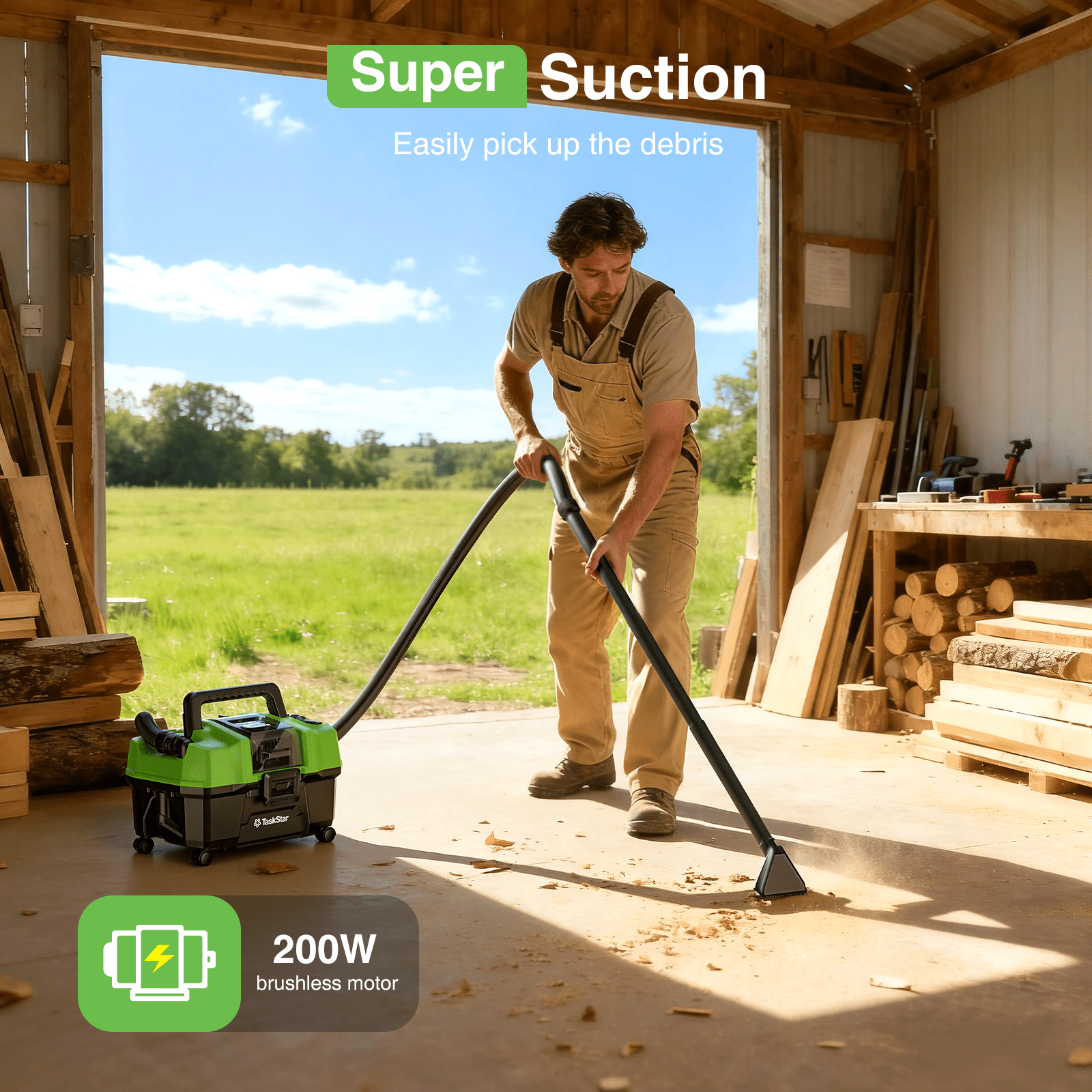 TaskStar Cordless Wet Dry Shop Vacuum with Blower, Brushless Motor, 2 Batteries, Portable Shoulder Strap (Green, 2.6 gal) hcs8i