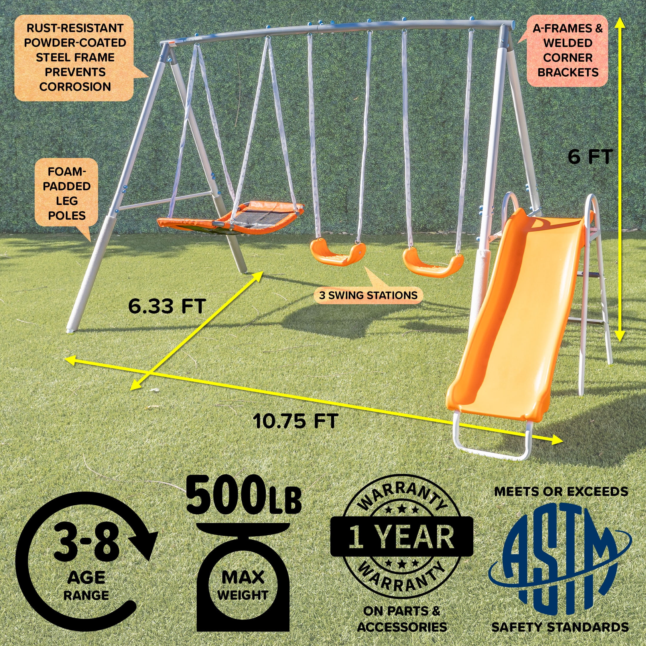 Sportspower Gladstone Metal Swing Set with Skyflyer and Slide (Blue, 5-Kid Capacity) 05eu0