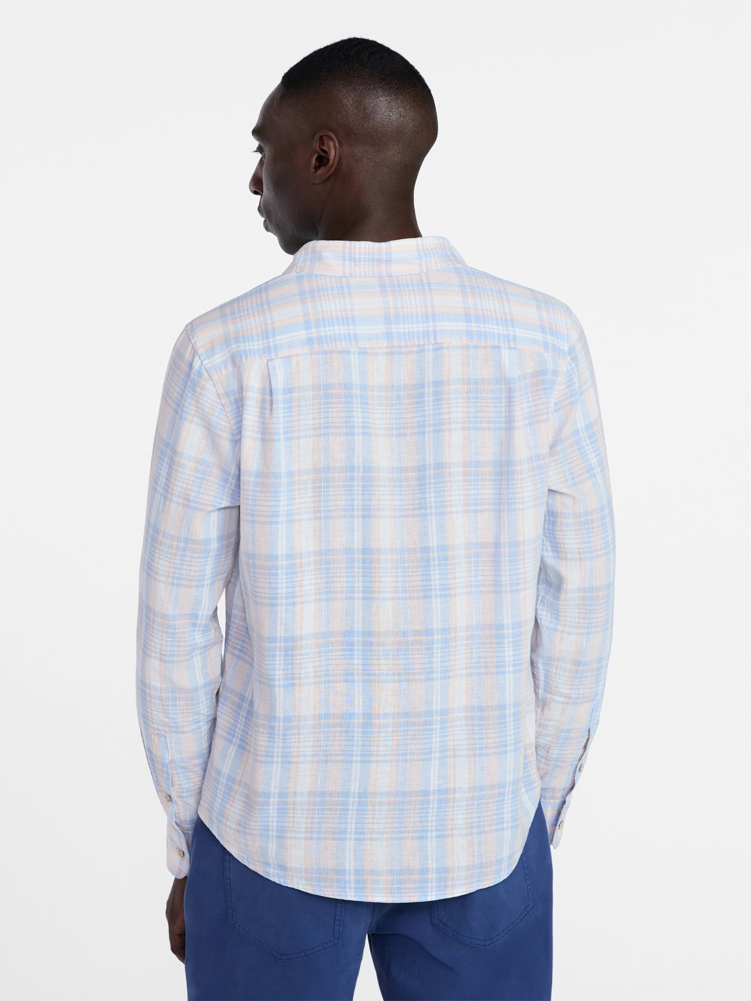 George Men's Linen Blend Long Sleeve Button Up Shirt (Blue, S) pbosy