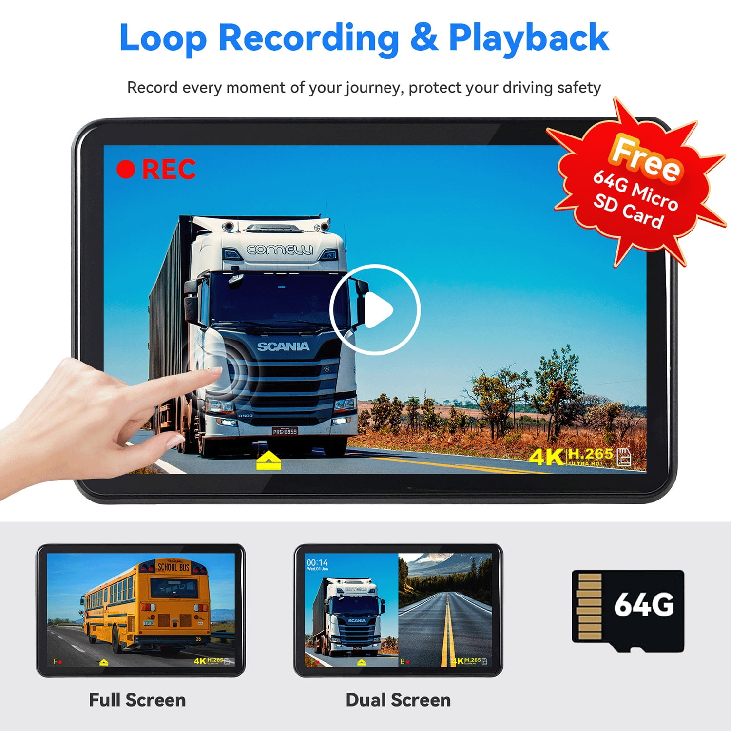 MHCBSR Wired Backup Camera System with 7-inch IPS Touchscreen Monitor and 64GB SD Card (Dual 1080P Cameras) b3auc
