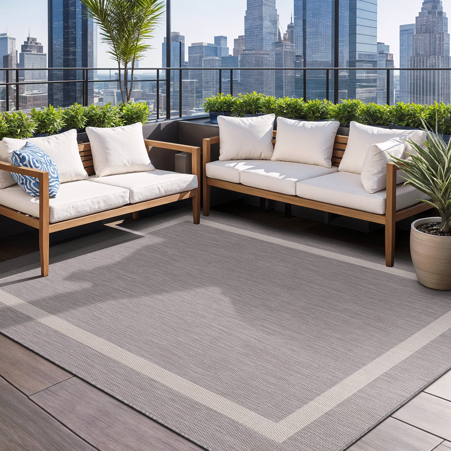 Beverly Rug Indoor Outdoor Area Rug, Bordered Patio Porch Garden Carpet (Gray and White, 5 ft x 7 ft) w4mme