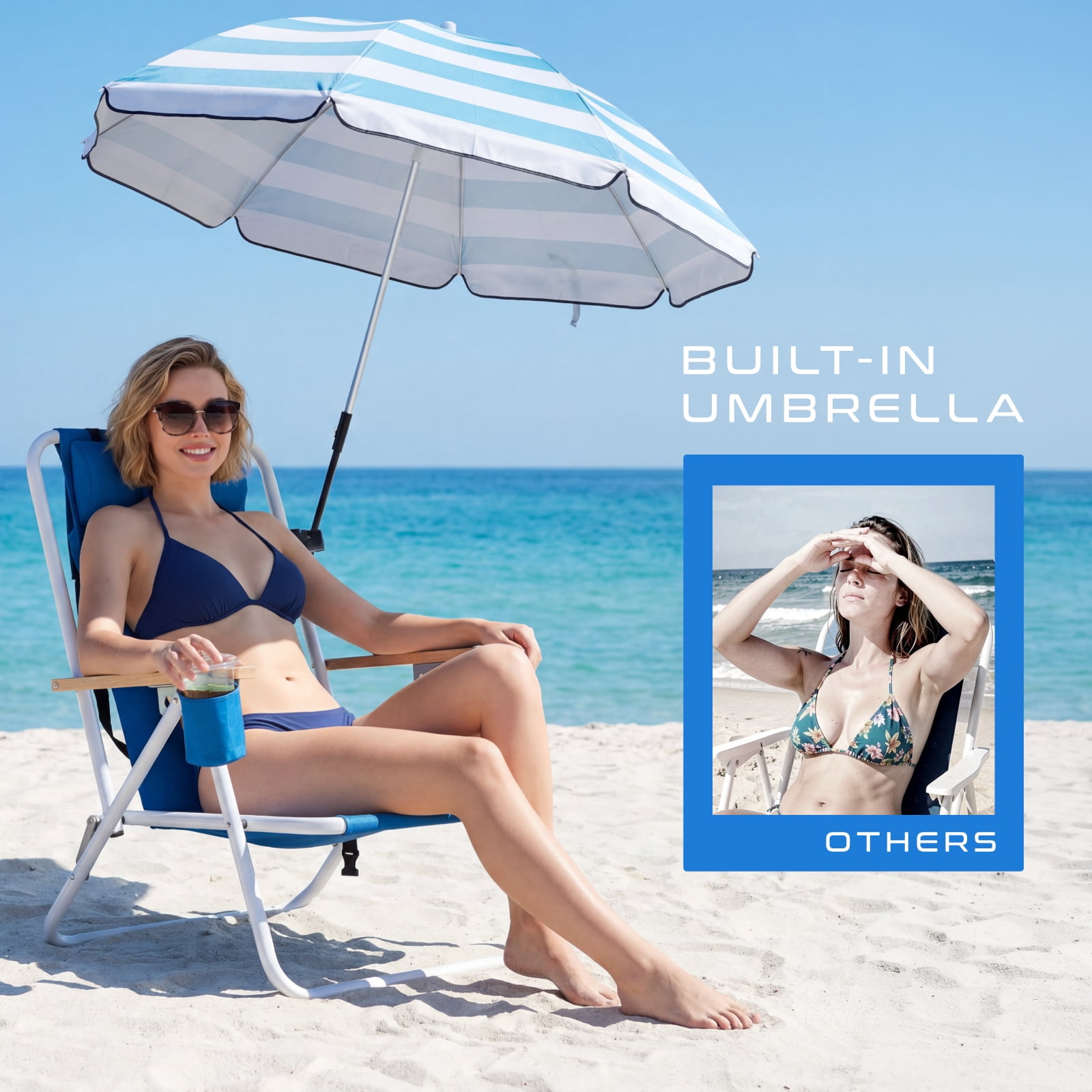 Vebreda Folding Beach Chair with Adjustable Umbrella, Heavy Duty Camping Seat (Blue, 32.3 in x 23 in x 27.6 in) w03in