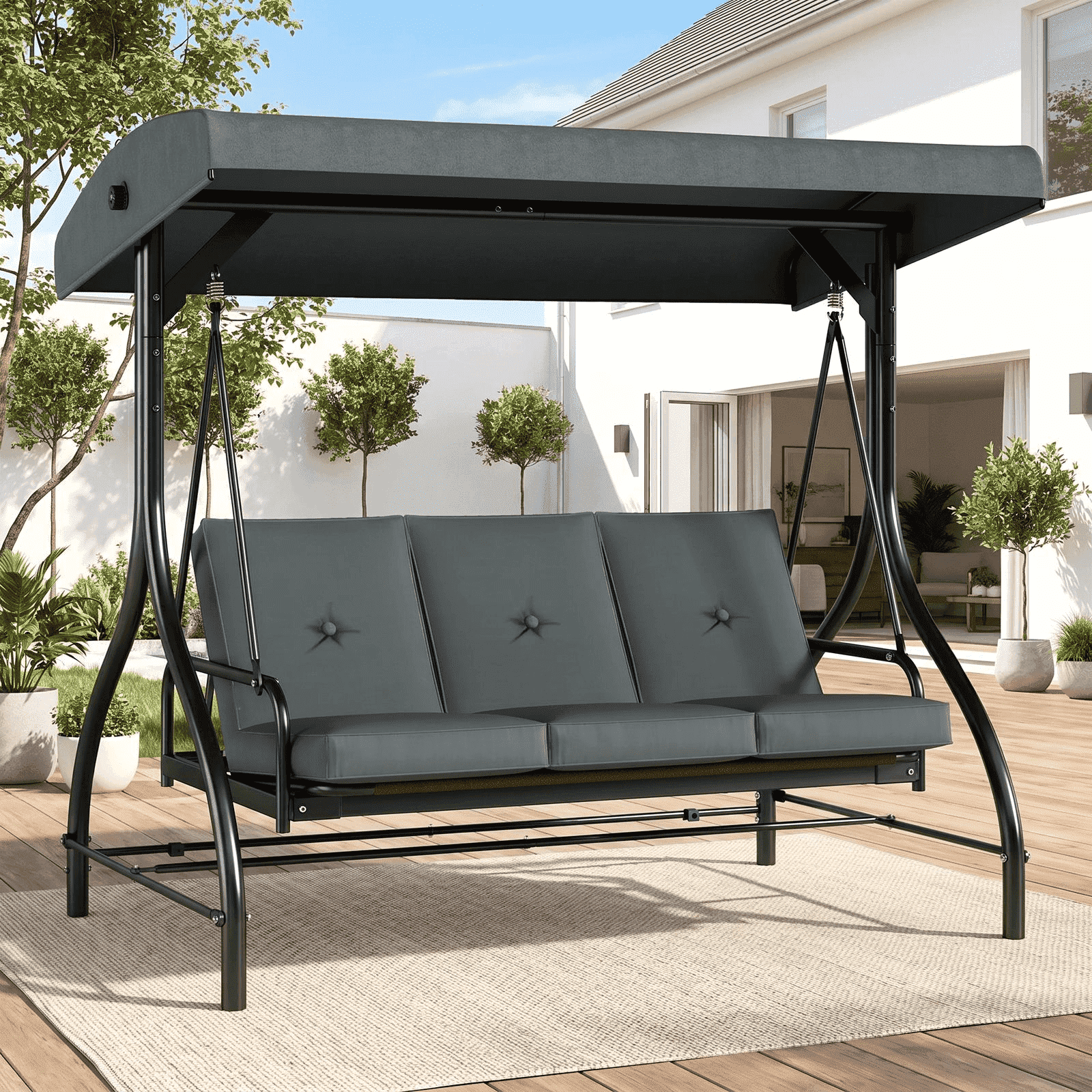 Arlopu 3-Seat Porch Swing, Outdoor Patio Swing Chair with Adjustable Canopy and Removable Cushions (Gray, 57 in) x1s5b