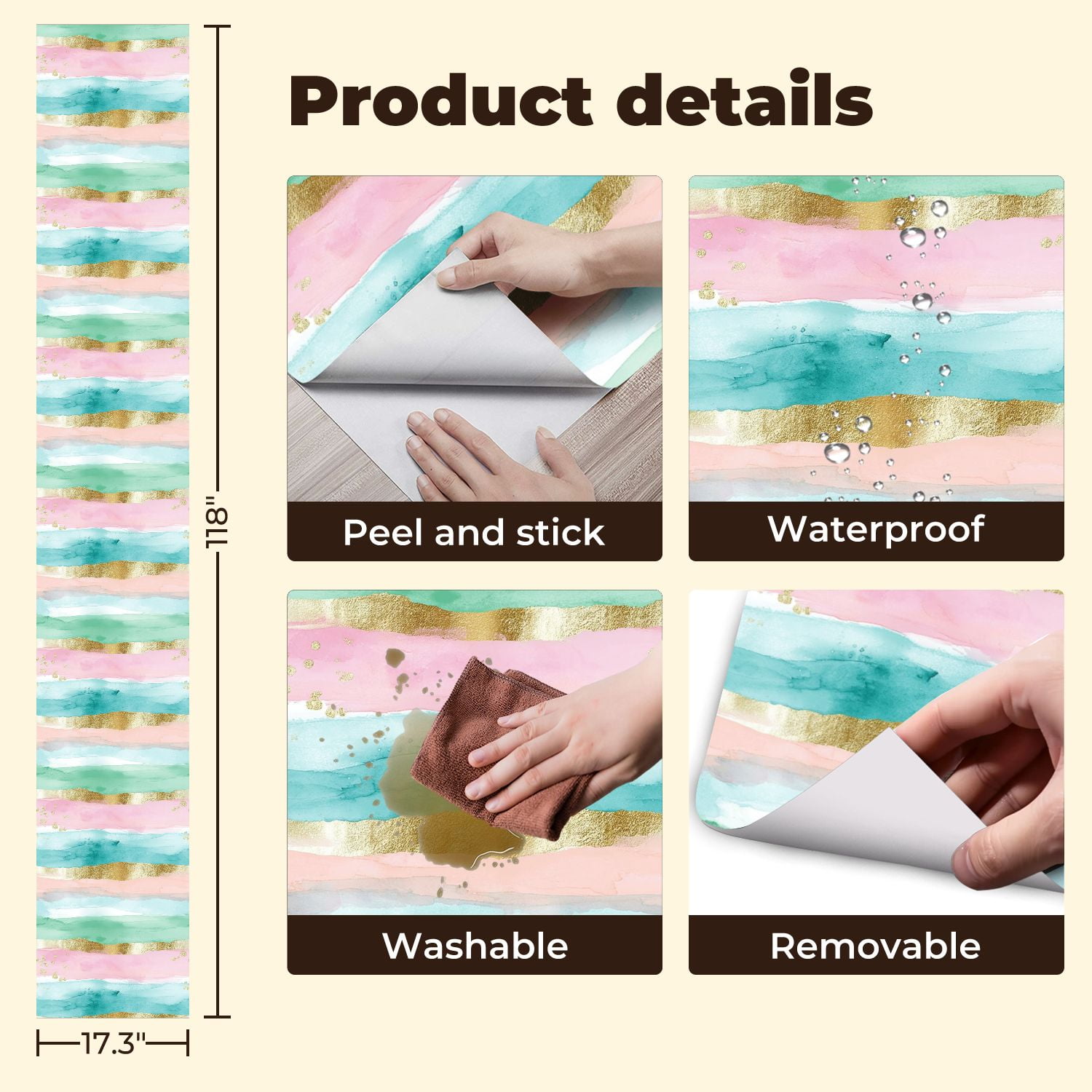 Kanworse Boho Peel and Stick Wallpaper Abstract Watercolor Stripes with Gold Accents (Gold, 17.7 in x 9.8 ft) fazqc