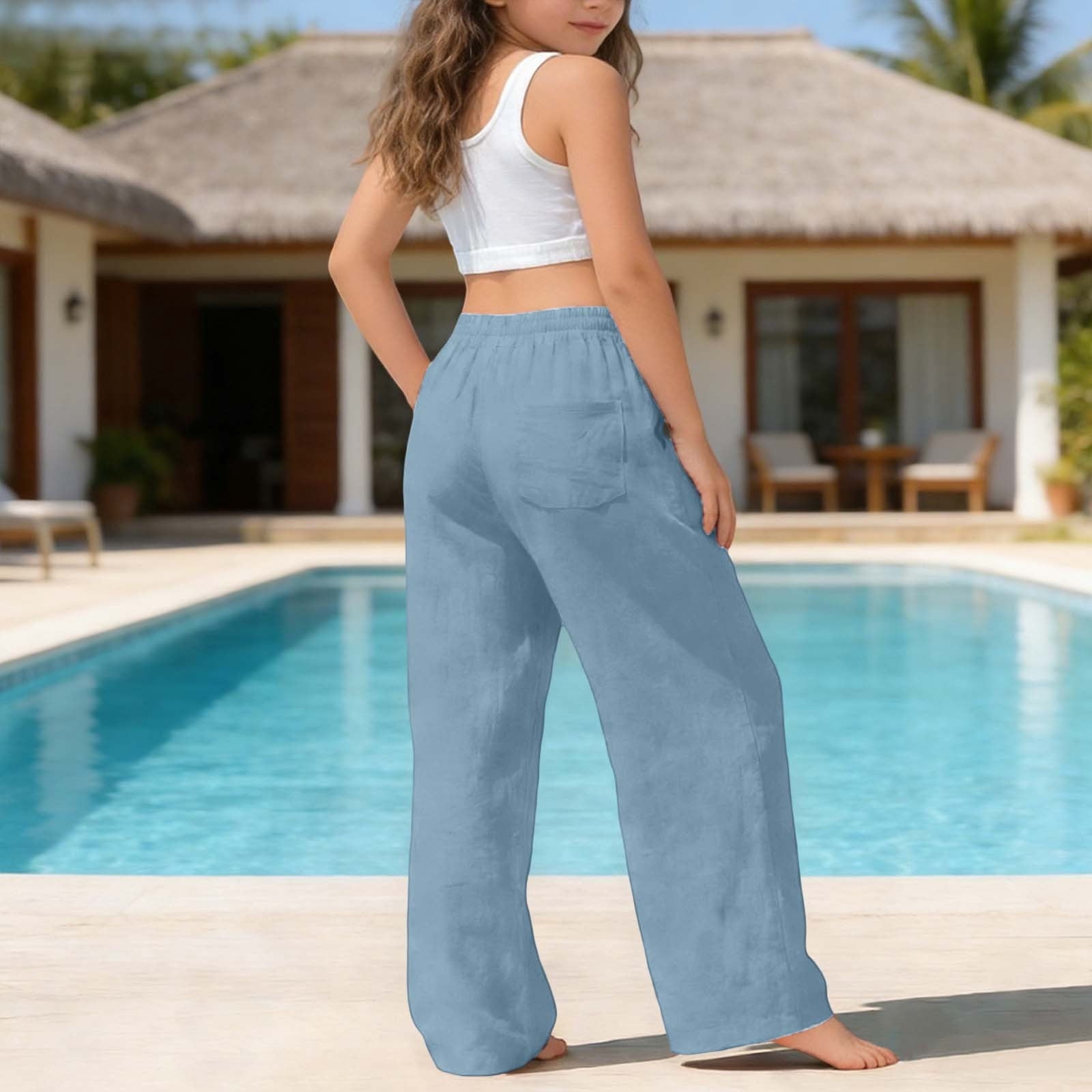 Atogsazn Kids Girls Wide Leg Sweatpants Casual Jogger Pants with Pockets (Light Blue, 5-6 Years) jpw1f