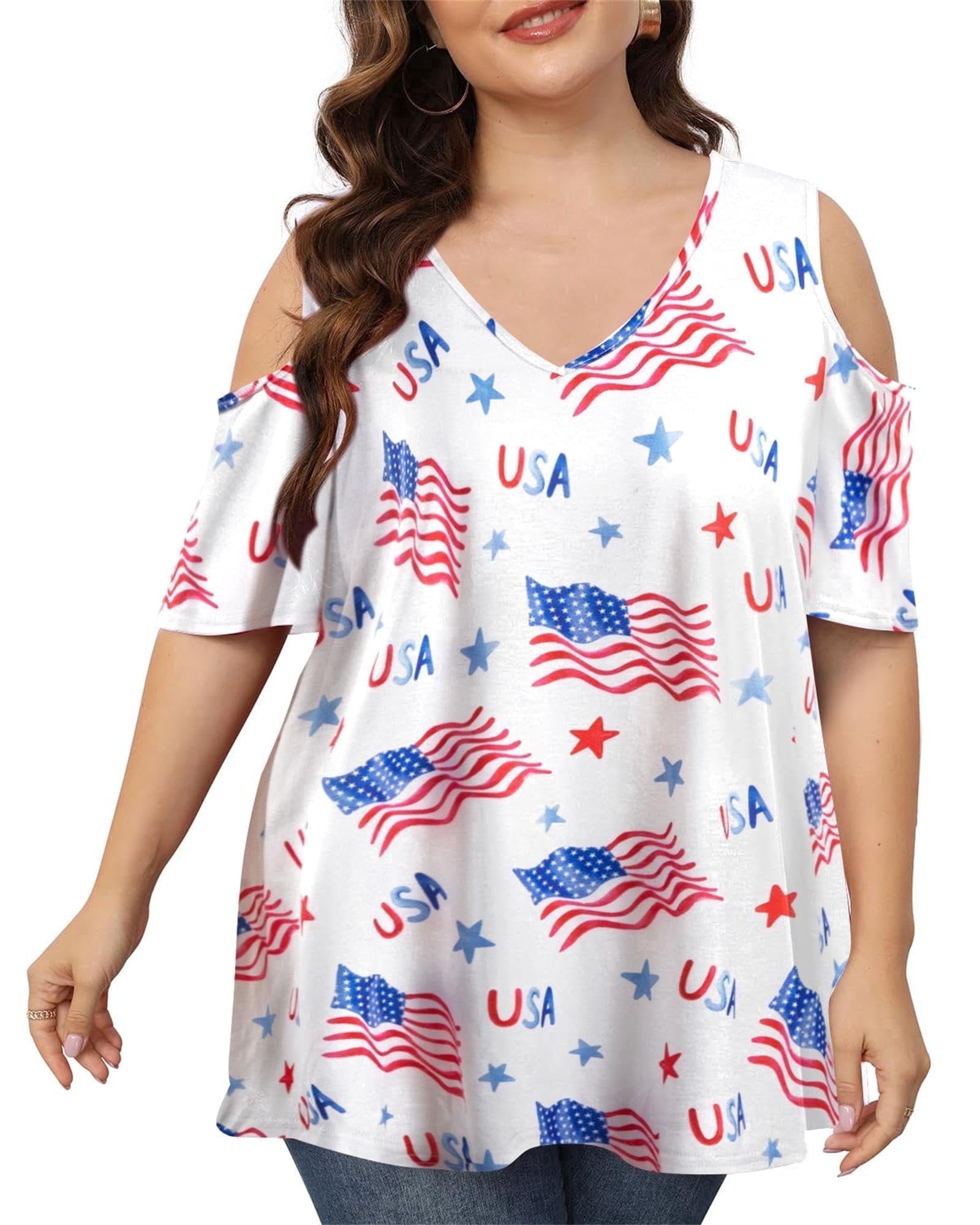 DEXIO Women Plus Size American Flag V-Neck T-Shirt Patriotic Cold Shoulder Graphic Top (White, 2X) j0x5i