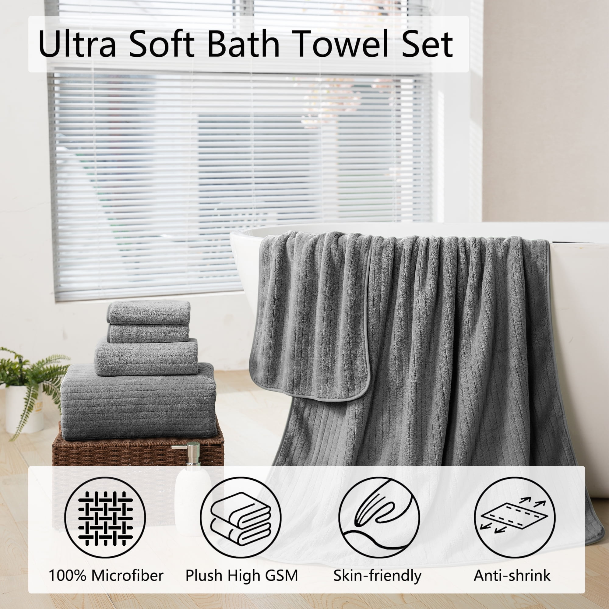 Jessy Home Oversized Microfiber Bath Towels Set (Dark Gray, 4 Pack, 35 in x 70 in) j6e97