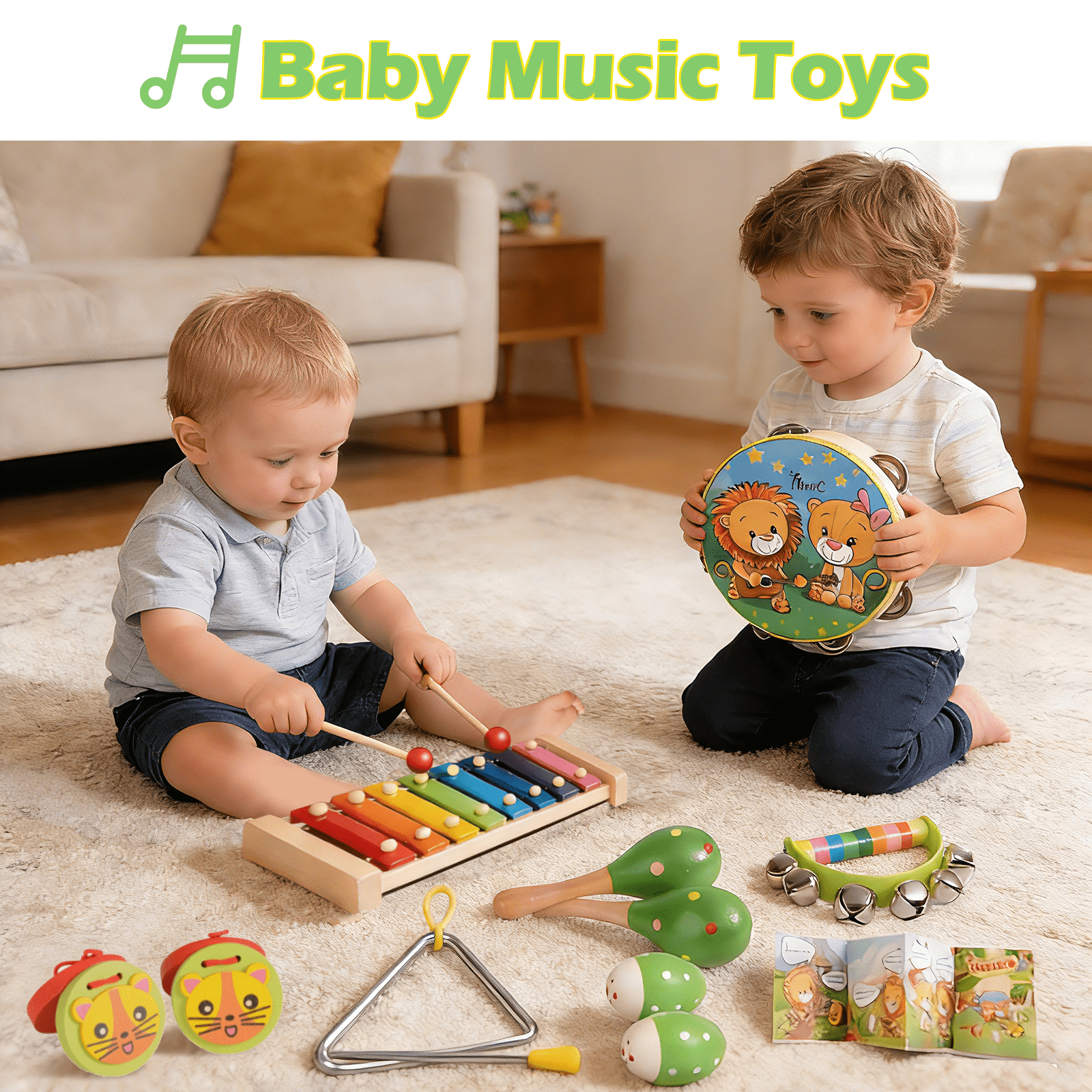 OATHX Wooden Musical Instrument Set for Toddlers and Kids (Green, 16-Piece) e8pwk