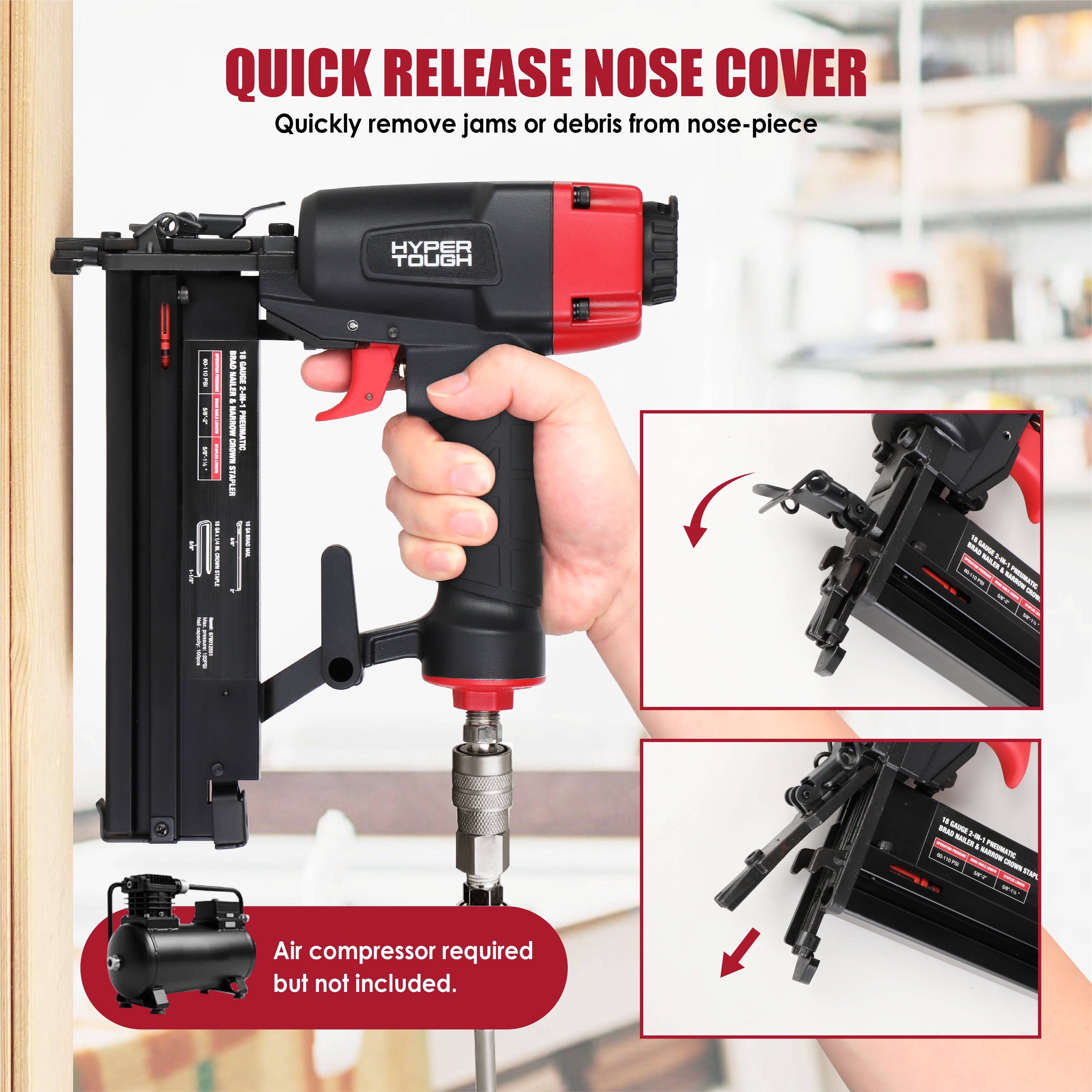 Hyper Tough 18 Gauge 2-in-1 Pneumatic Brad Nailer and Narrow Crown Stapler (Red, 2 in) pips8