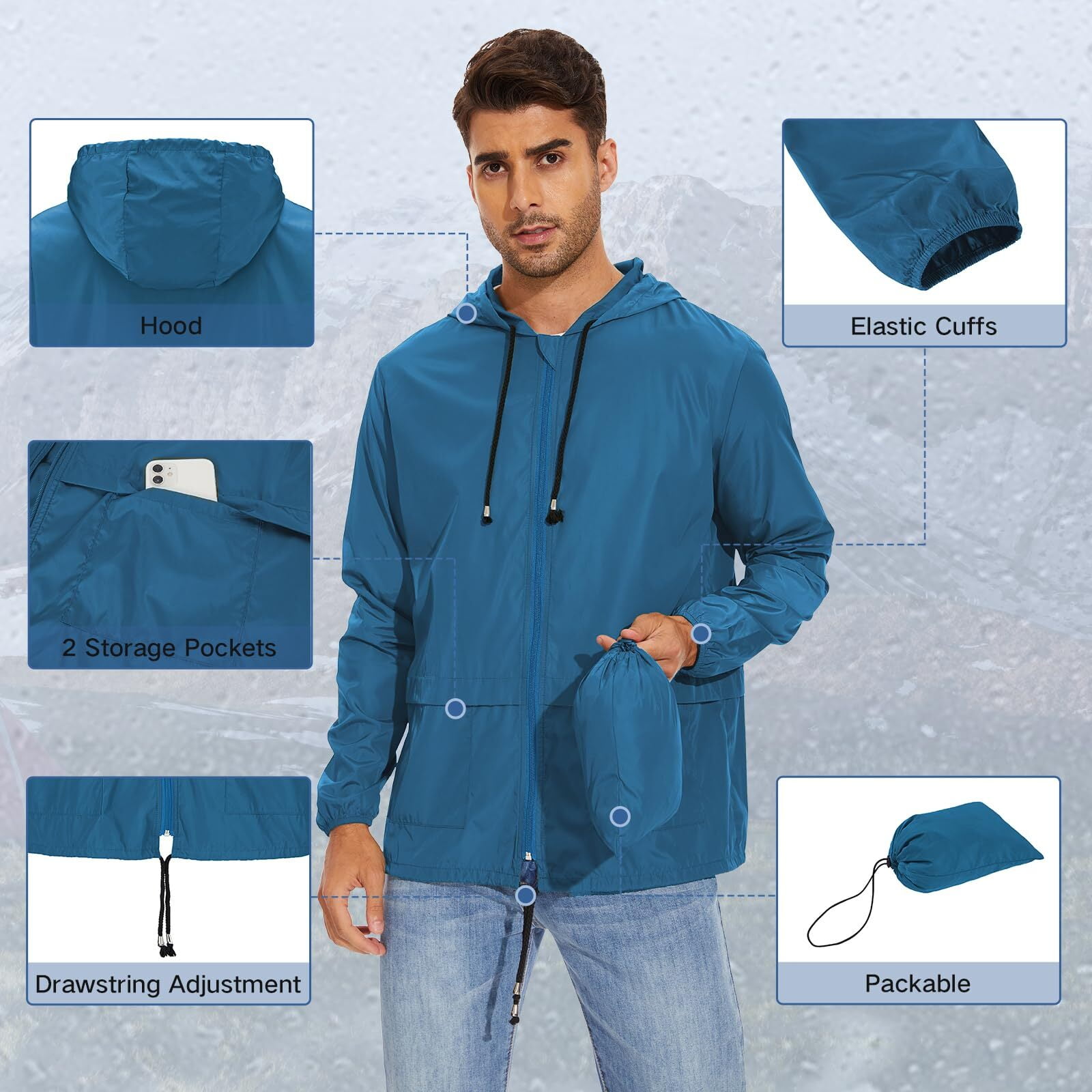 American Trends Men's Waterproof Rain Jacket Lightweight Packable Windbreaker with Hood (Blue, 3XL) o69sj