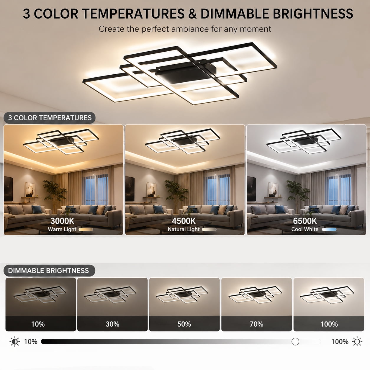 Garwarm 3-Square LED Ceiling Light, Modern Flush Mount Fixture with Remote Control (Black, 35.4 in) 58gf2