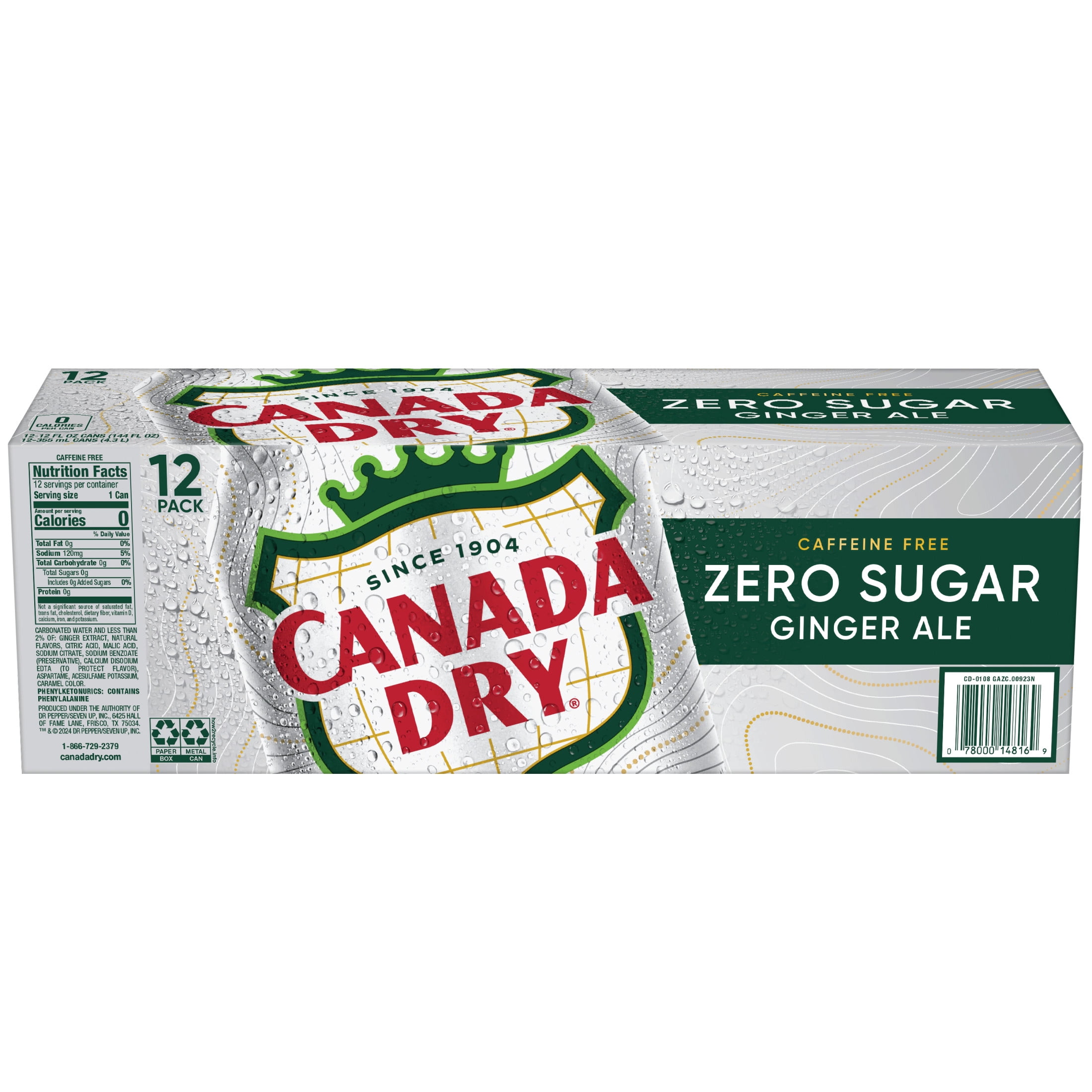Canada Dry Ginger Ale Zero Sugar Soda, Caffeine Free, Refreshing Carbonated Beverage (12 fl oz, 12 Pack) cscmh