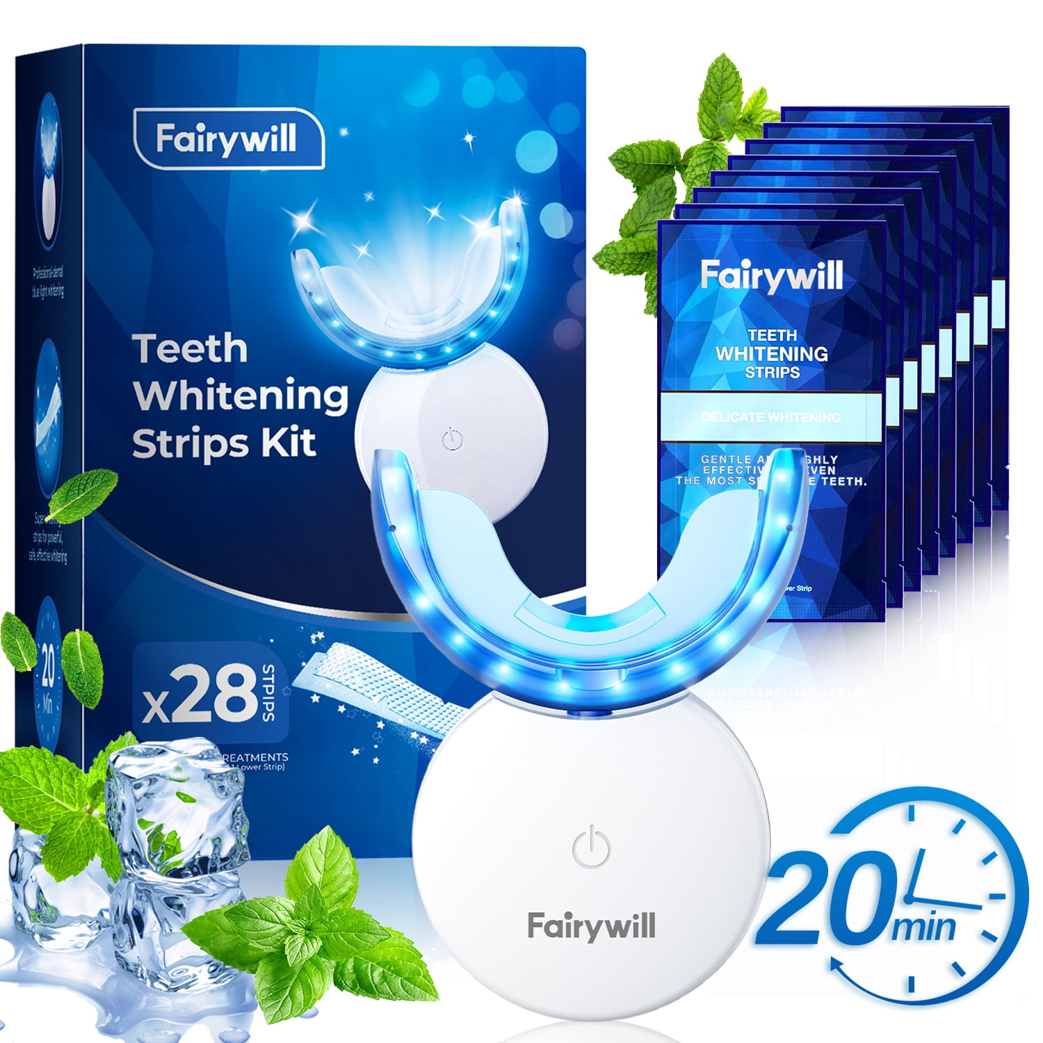 Fairywill LED Teeth Whitening Strips Kit with Blue Light Accelerator (White, 28 Strips) 95cho