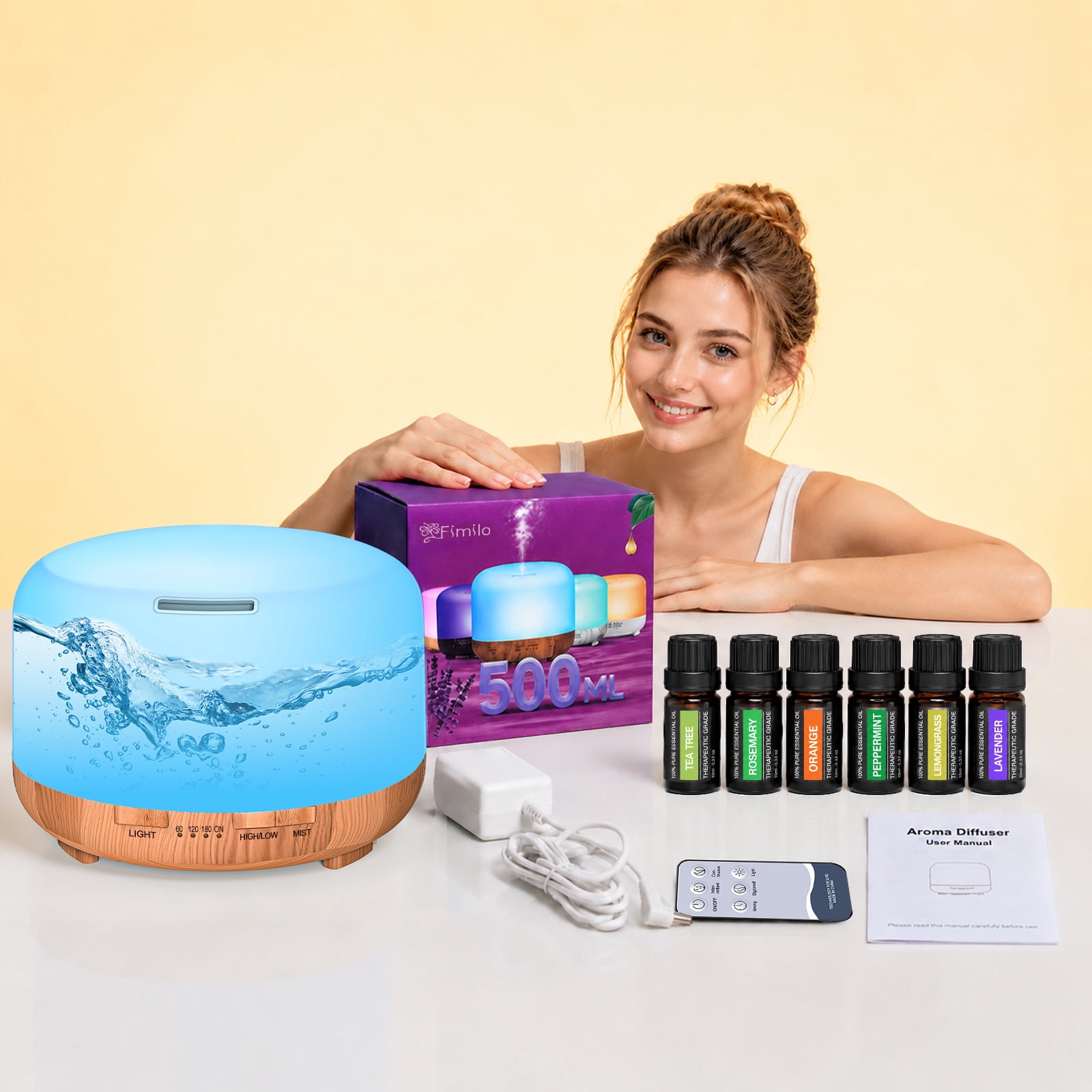 Fimilo Ultrasonic Aroma Diffuser and Essential Oil Set with Remote Control (Yellow, 16.91 fl oz) v1jaw