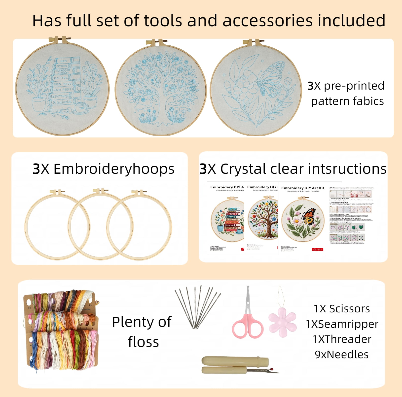 PLNYA Embroidery Starter Kit for Beginners with 3 Pattern Hoops and Stamped Cloth (White, 3-Pack) wl4rg
