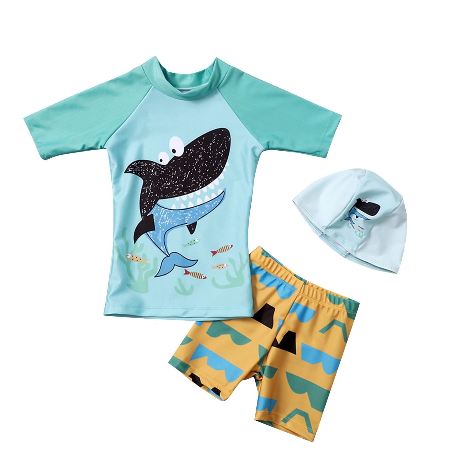 Lvshlu Boys 3-Piece Swimsuit Set Short Sleeve Rash Guard with Swim Shorts (Blue, Size 1-8) kk8qs