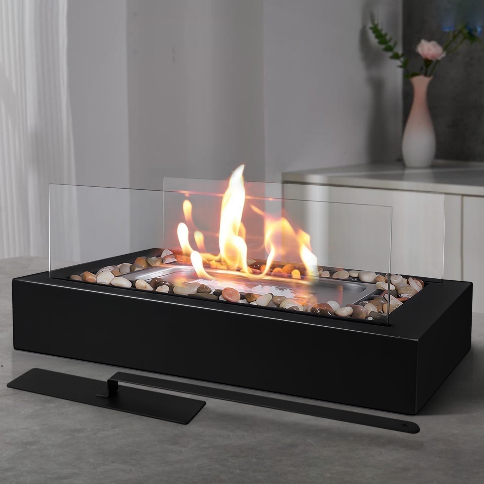 EAST FLAME Rectangular Tabletop Fire Pit with 2 Sided Tempered Glass, Portable Indoor Outdoor Fireplace (Beige, 13.8 in x 7.1 in x 8.3 in) 5wmgm