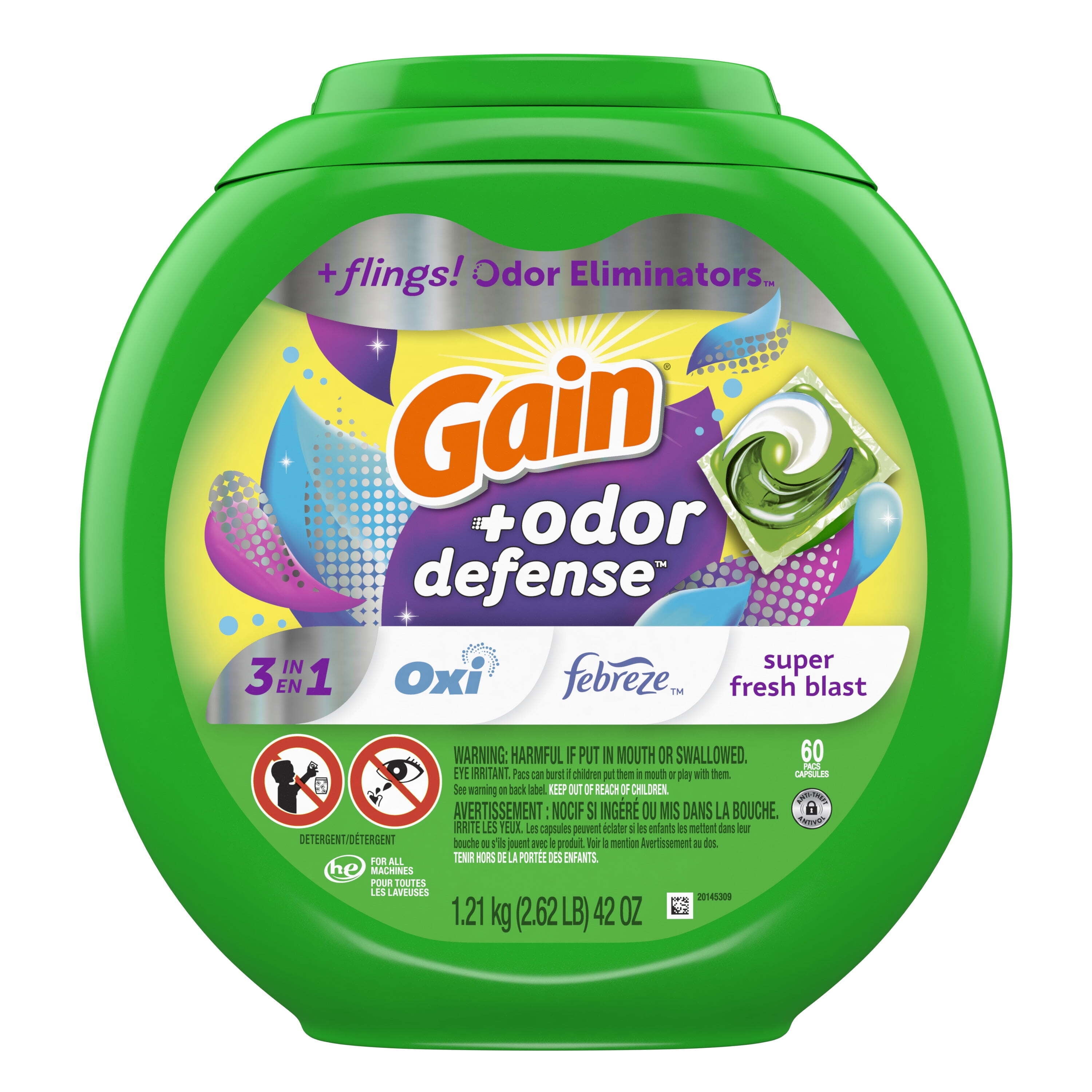 Gain Flings Laundry Detergent Pacs with Odor Defense, Super Fresh Blast Scent (60 Count) ww89q