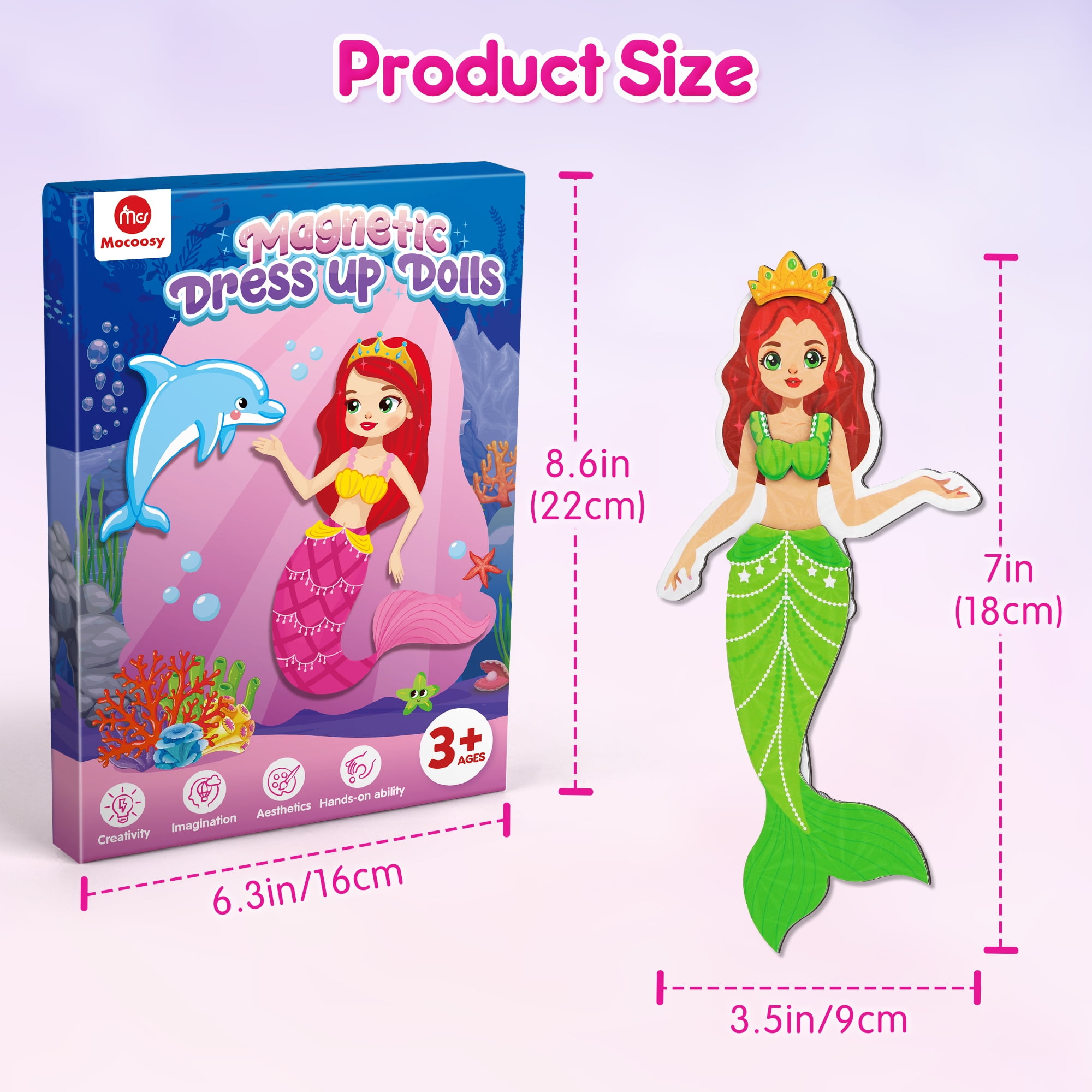 Mocoosy Magnetic Dress Up Dolls Set, Princess Mermaid Fairy Ballerina Pretend Play Kit (Multi-Color, 6.3 in x 8.6 in) 22gds