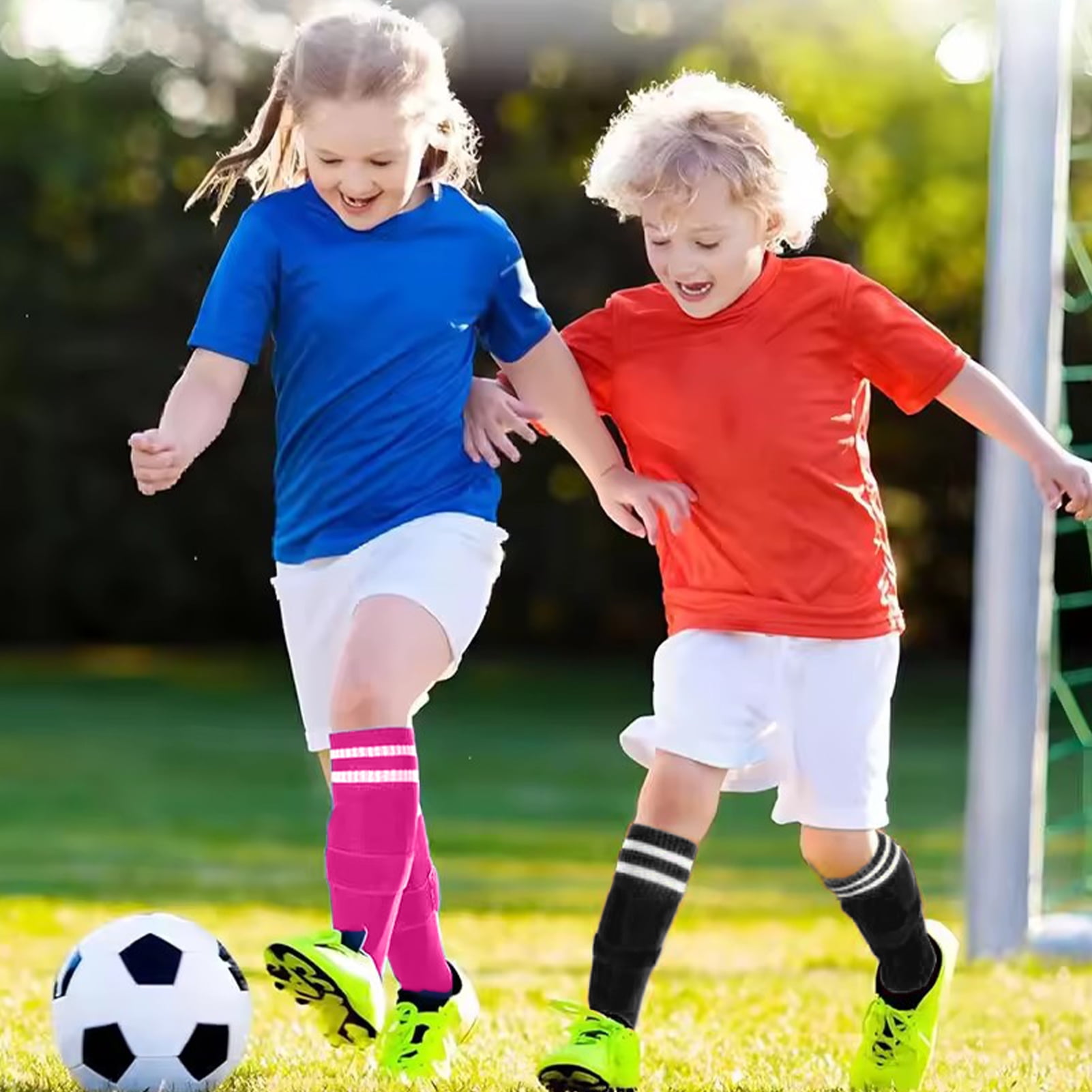 Buquapse Kids Soccer Shin Guards Set with Long Socks, Protective Gear for Youth (Black + Blue, 2 Pairs) iqmxh