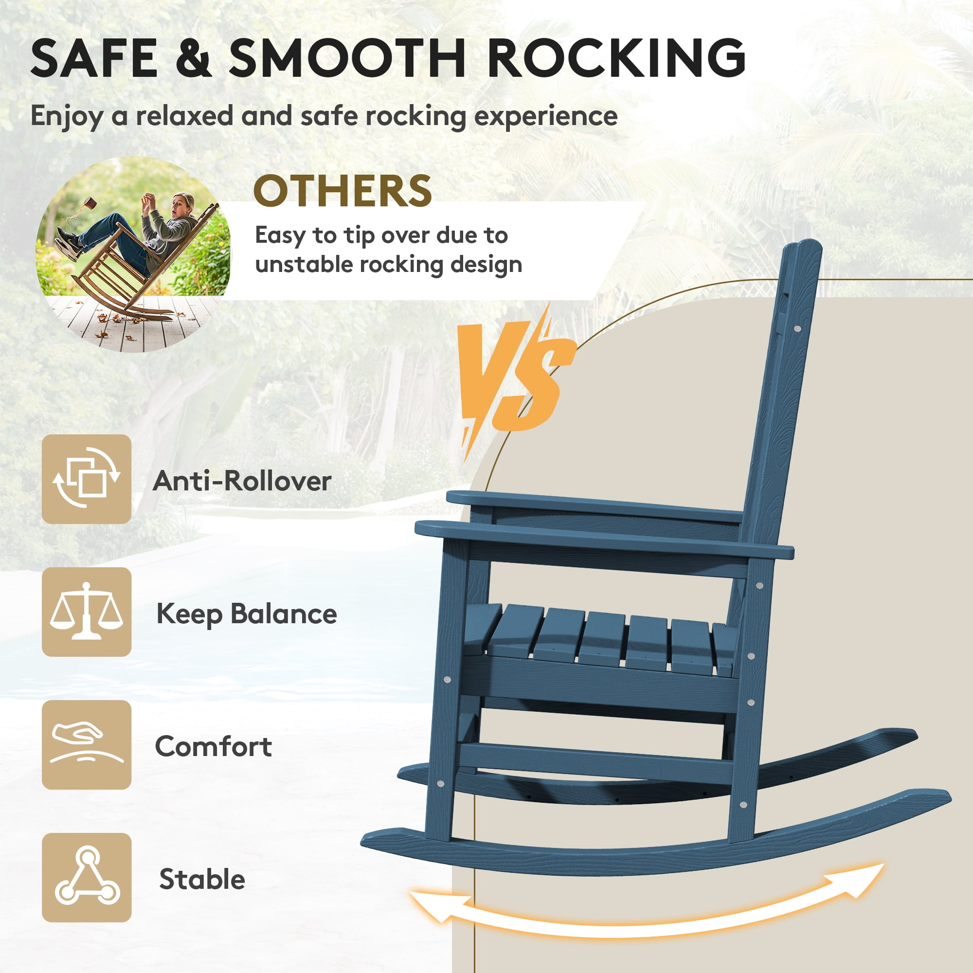 KINGYES Outdoor Rocking Chair, Weatherproof HDPE Patio Rocker for Deck Lawn Yard (Navy) evthg