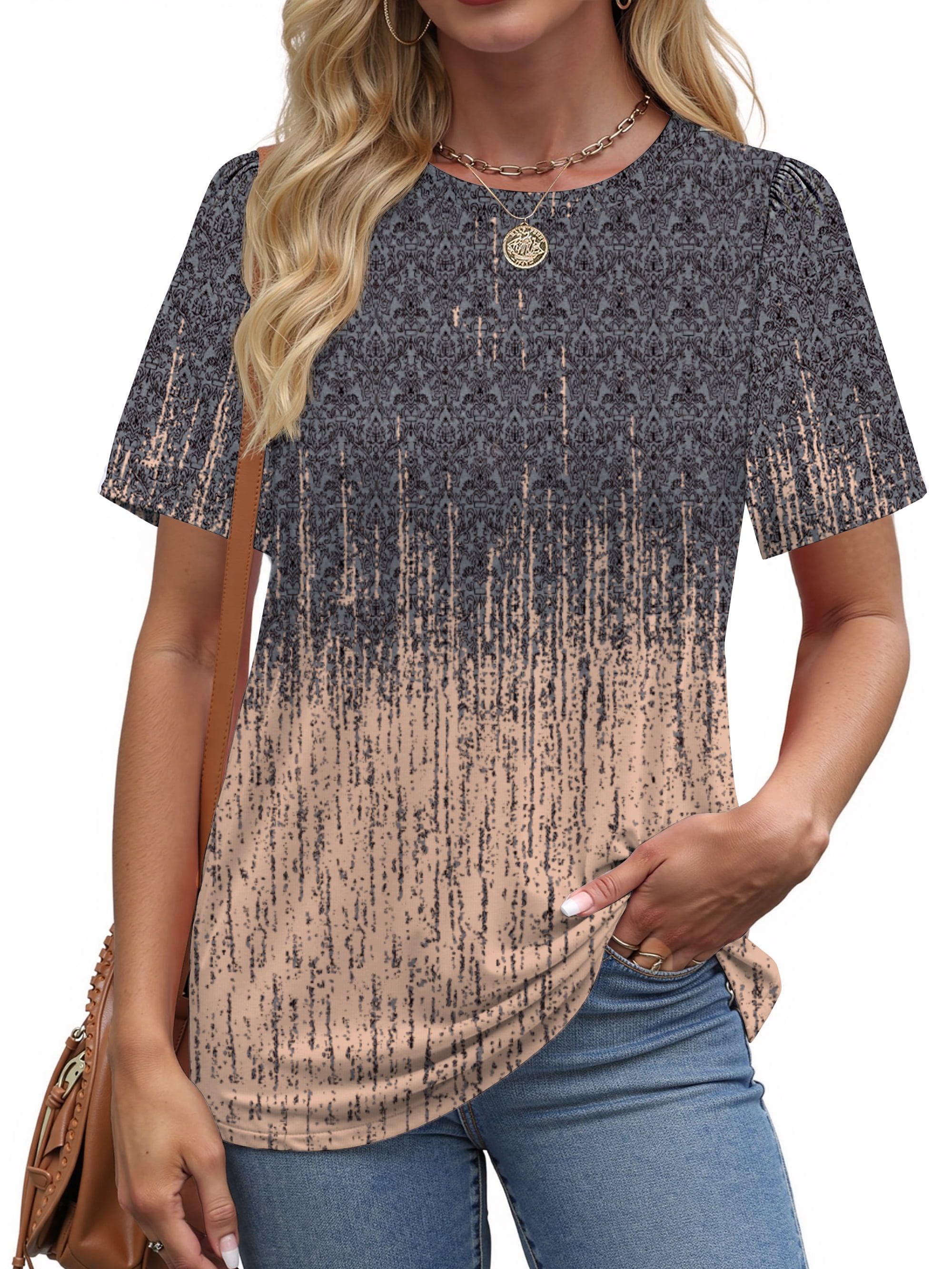 Fantaslook Womens Floral Tunic Top Crew Neck Short Sleeve Dressy Casual Blouse (Grey, L) 555be