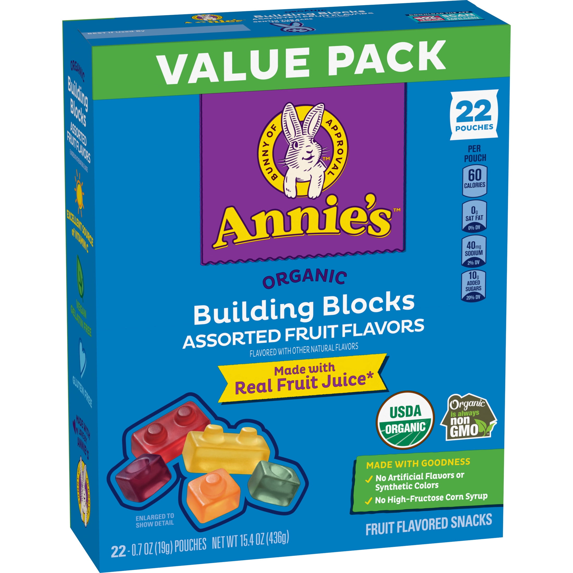 Annie's Organic Fruit Flavored Snacks, Building Block Shaped Gummies, Gluten Free (Assorted Flavors, 22 Pouches, 15.4 oz) 3nd4a