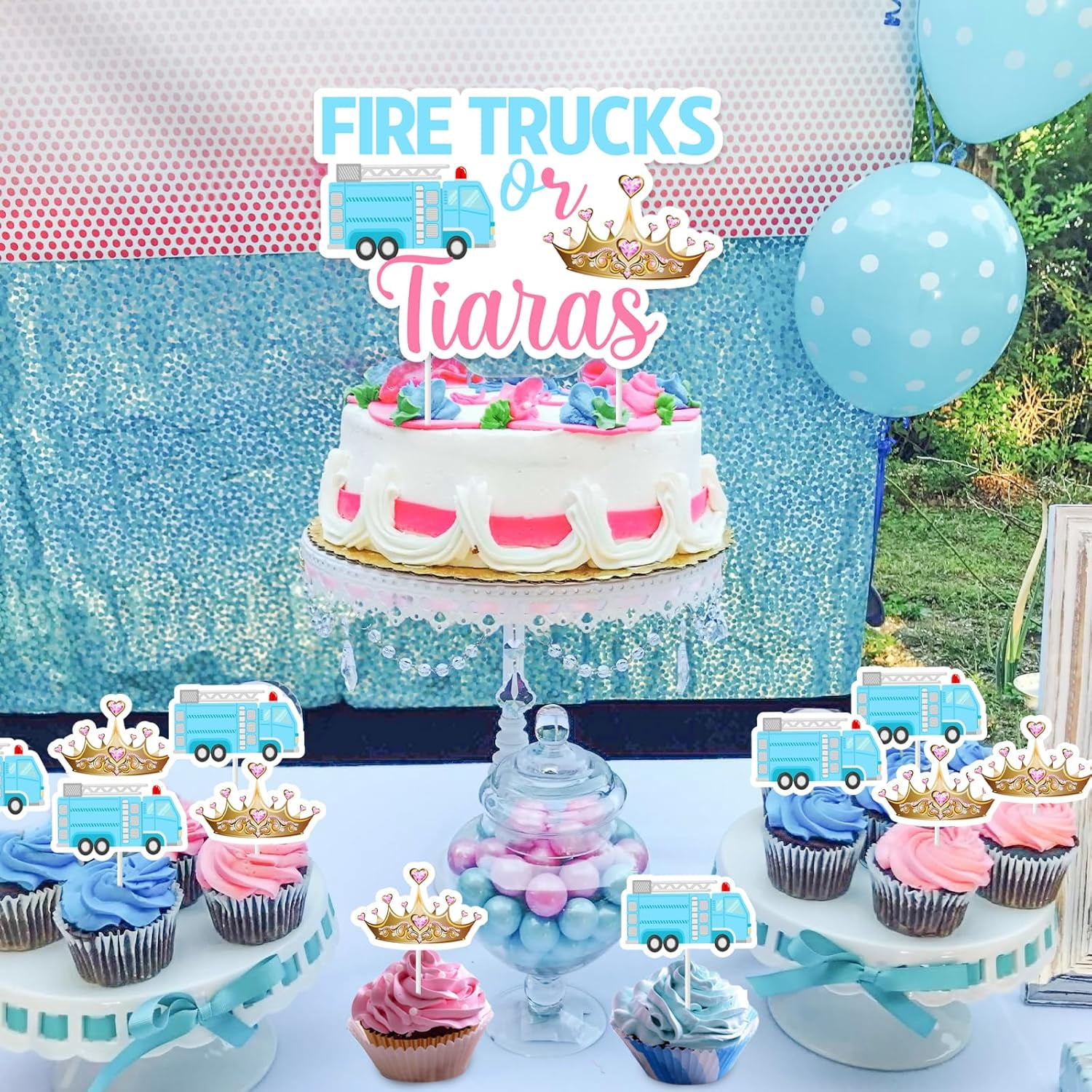 Wonmelody Fire Trucks or Tiaras Gender Reveal Cake Toppers Set (25 Pieces) 783ax